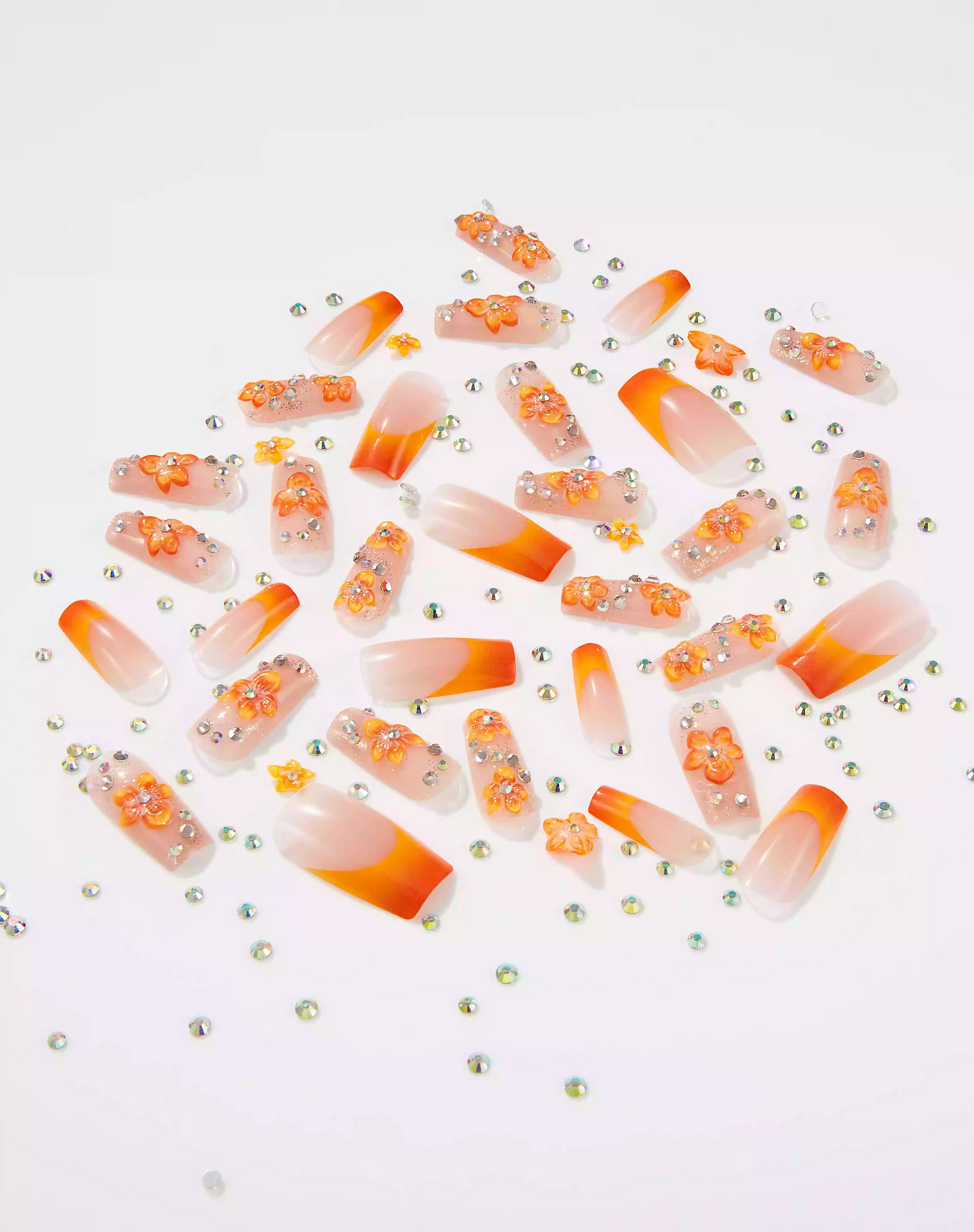 Gold Finger Glitzy 3D Handmade Press-On Nails – Orange Blossom & French Tip (File & 28Pcs Manicure Set) - Image 10