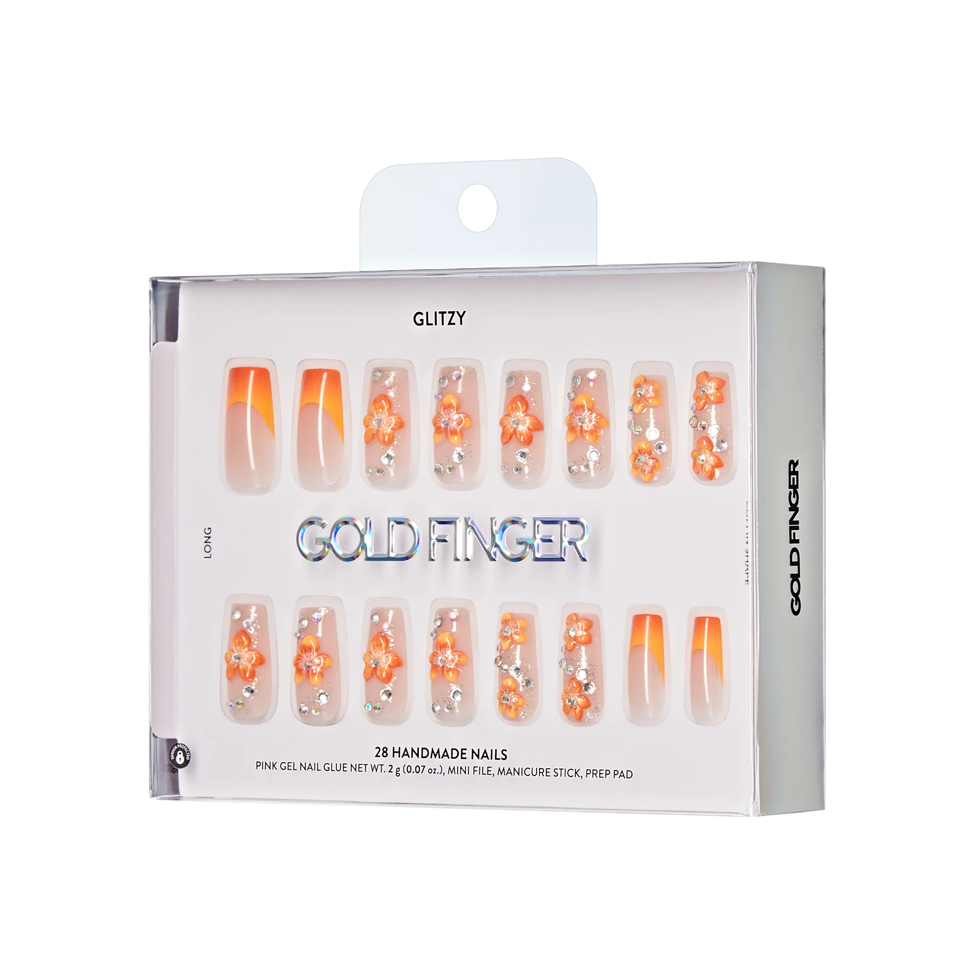 Gold Finger Glitzy 3D Handmade Press-On Nails – Orange Blossom & French Tip (File & 28Pcs Manicure Set) - Image 12