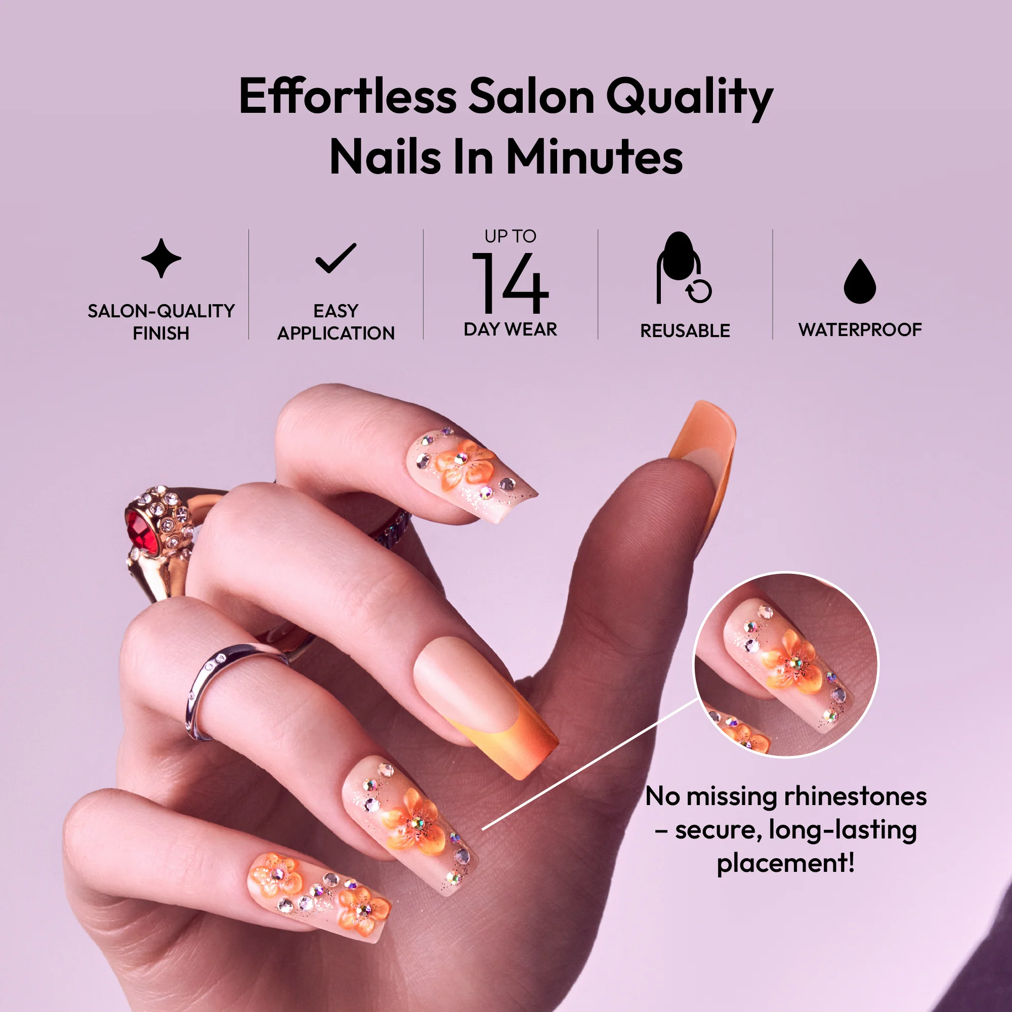 Gold Finger Glitzy 3D Handmade Press-On Nails – Orange Blossom & French Tip (File & 28Pcs Manicure Set) - Image 2