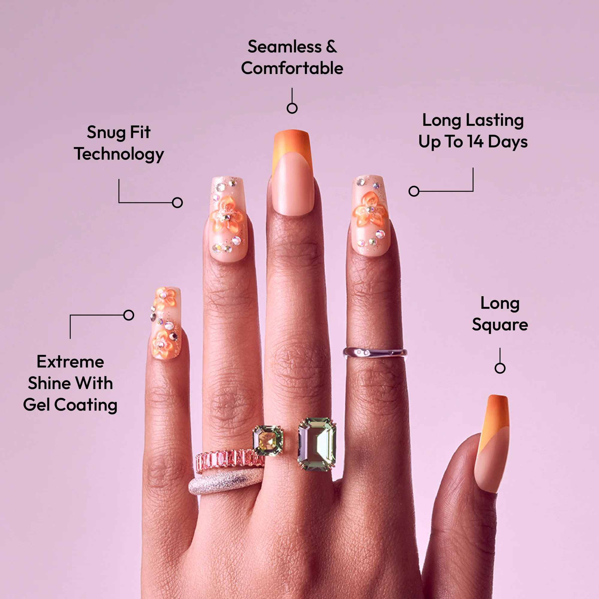 Gold Finger Glitzy 3D Handmade Press-On Nails – Orange Blossom & French Tip (File & 28Pcs Manicure Set) - Image 3
