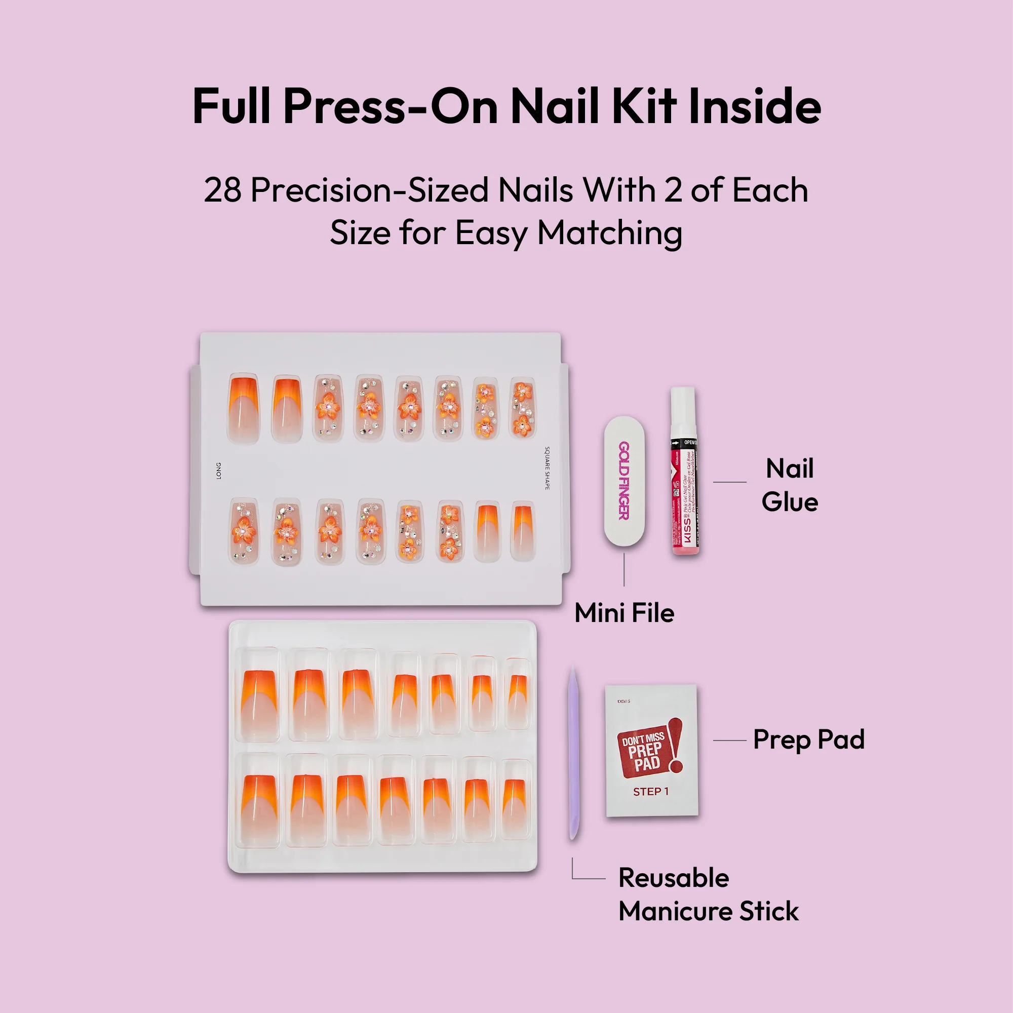 Gold Finger Glitzy 3D Handmade Press-On Nails – Orange Blossom & French Tip (File & 28Pcs Manicure Set) - Image 4