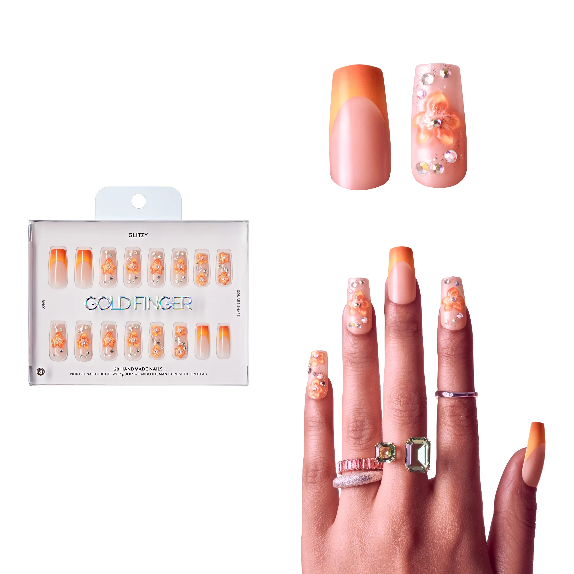 Gold Finger Glitzy 3D Handmade Press-On Nails – Orange Blossom & French Tip (File & 28Pcs Manicure Set) - Image 9