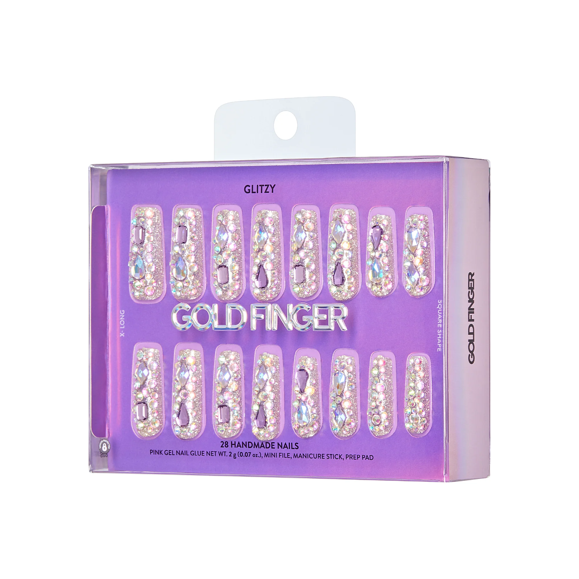 Gold Finger Glitzy 3D Handmade Press-On Nails – Pink & Purple Jewel Encrusted (X-Long Square) - Image 10