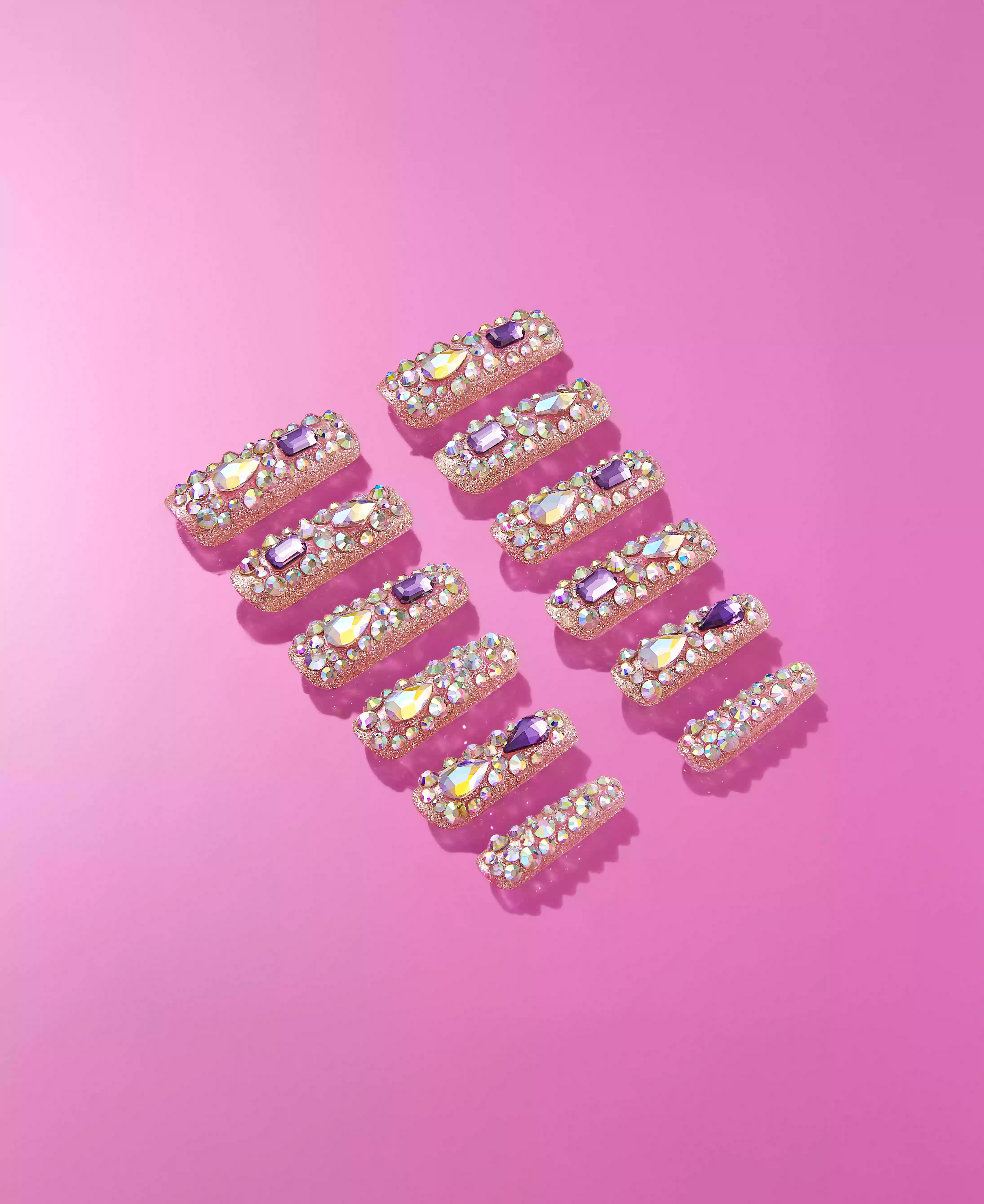 Gold Finger Glitzy 3D Handmade Press-On Nails – Pink & Purple Jewel Encrusted (X-Long Square) - Image 11