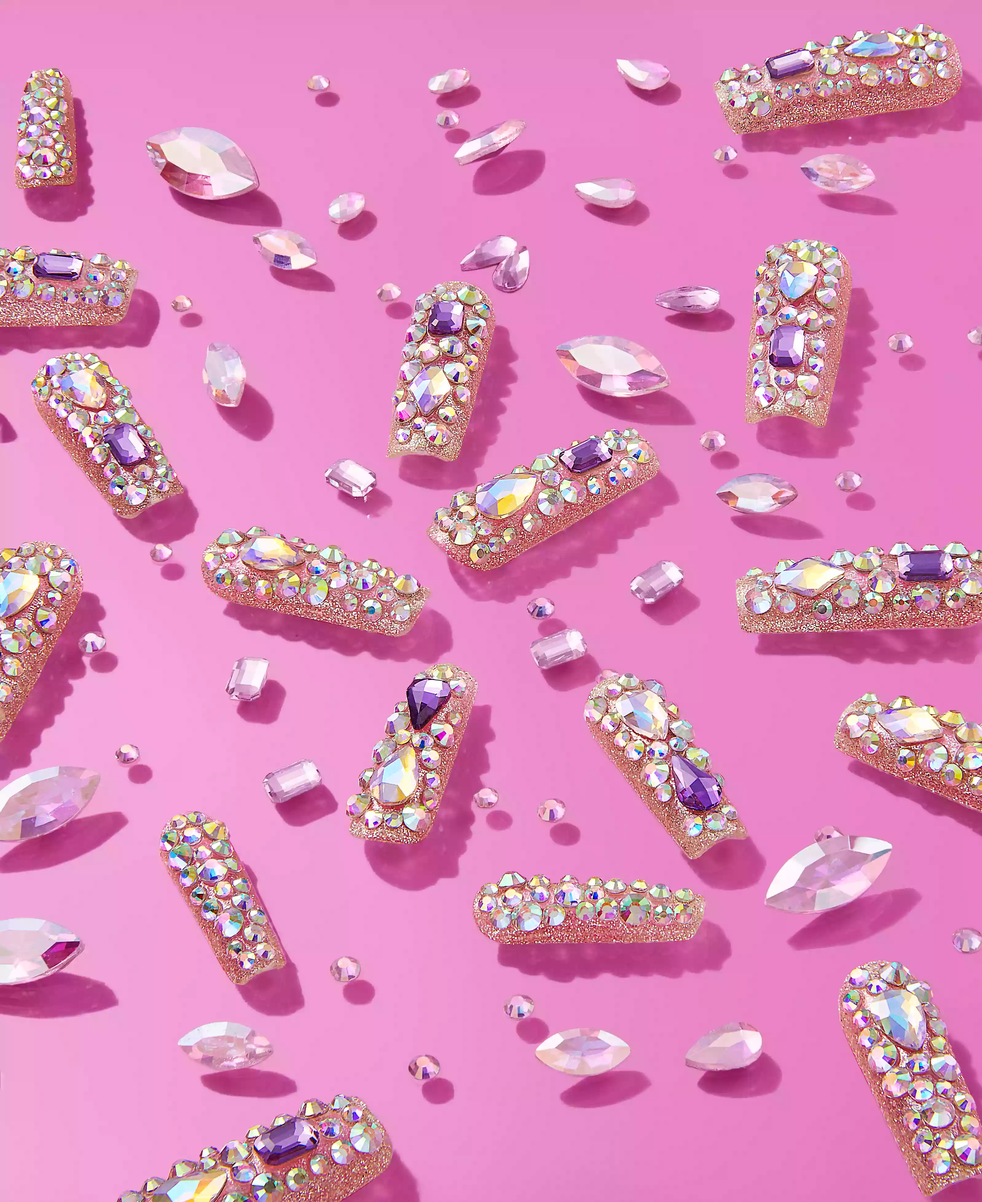 Gold Finger Glitzy 3D Handmade Press-On Nails – Pink & Purple Jewel Encrusted (X-Long Square) - Image 12
