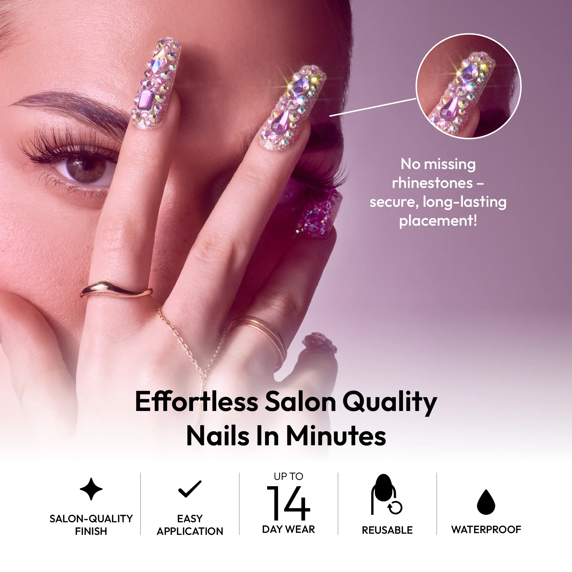 Gold Finger Glitzy 3D Handmade Press-On Nails – Pink & Purple Jewel Encrusted (X-Long Square) - Image 2