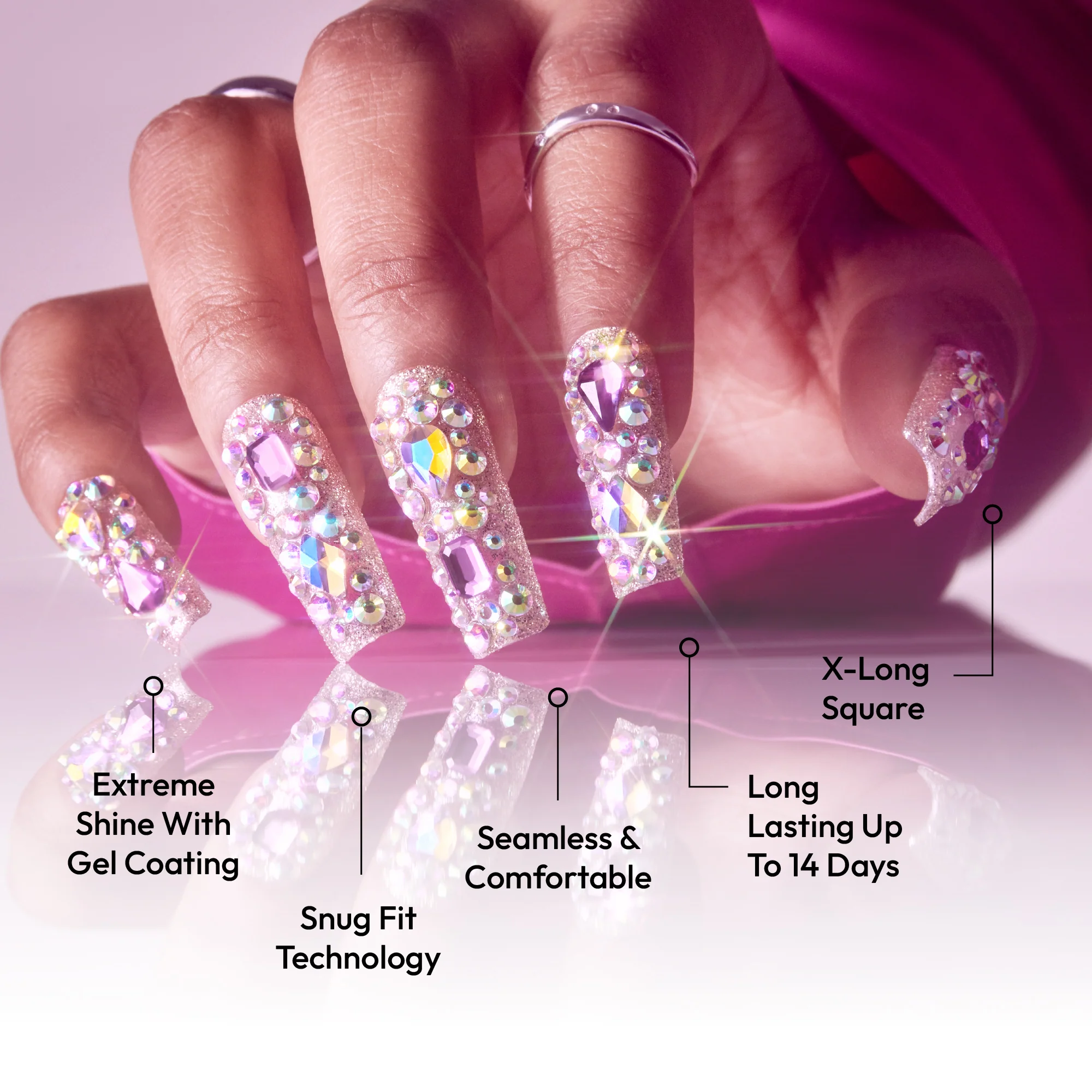 Gold Finger Glitzy 3D Handmade Press-On Nails – Pink & Purple Jewel Encrusted (X-Long Square) - Image 3