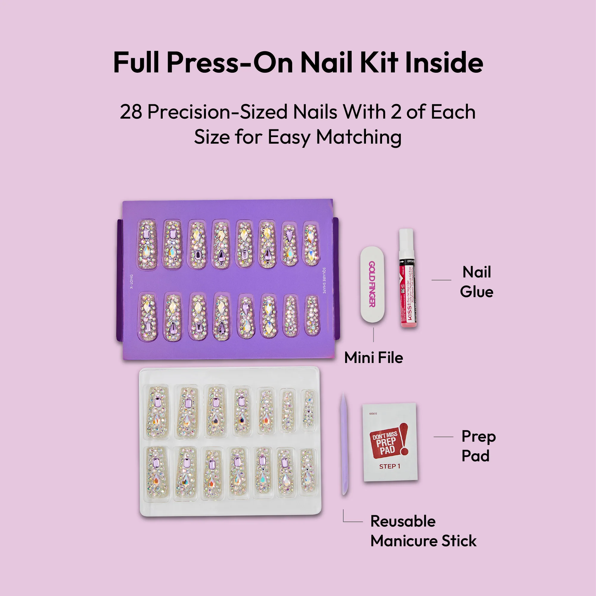 Gold Finger Glitzy 3D Handmade Press-On Nails – Pink & Purple Jewel Encrusted (X-Long Square) - Image 5
