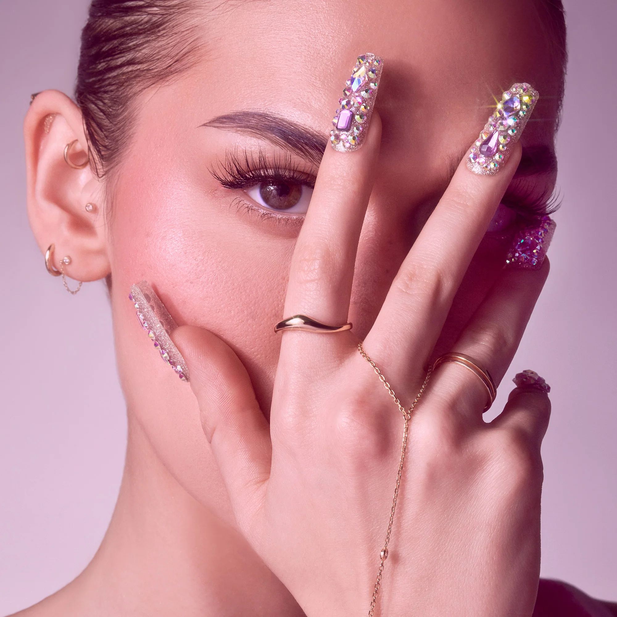 Gold Finger Glitzy 3D Handmade Press-On Nails – Pink & Purple Jewel Encrusted (X-Long Square) - Image 6