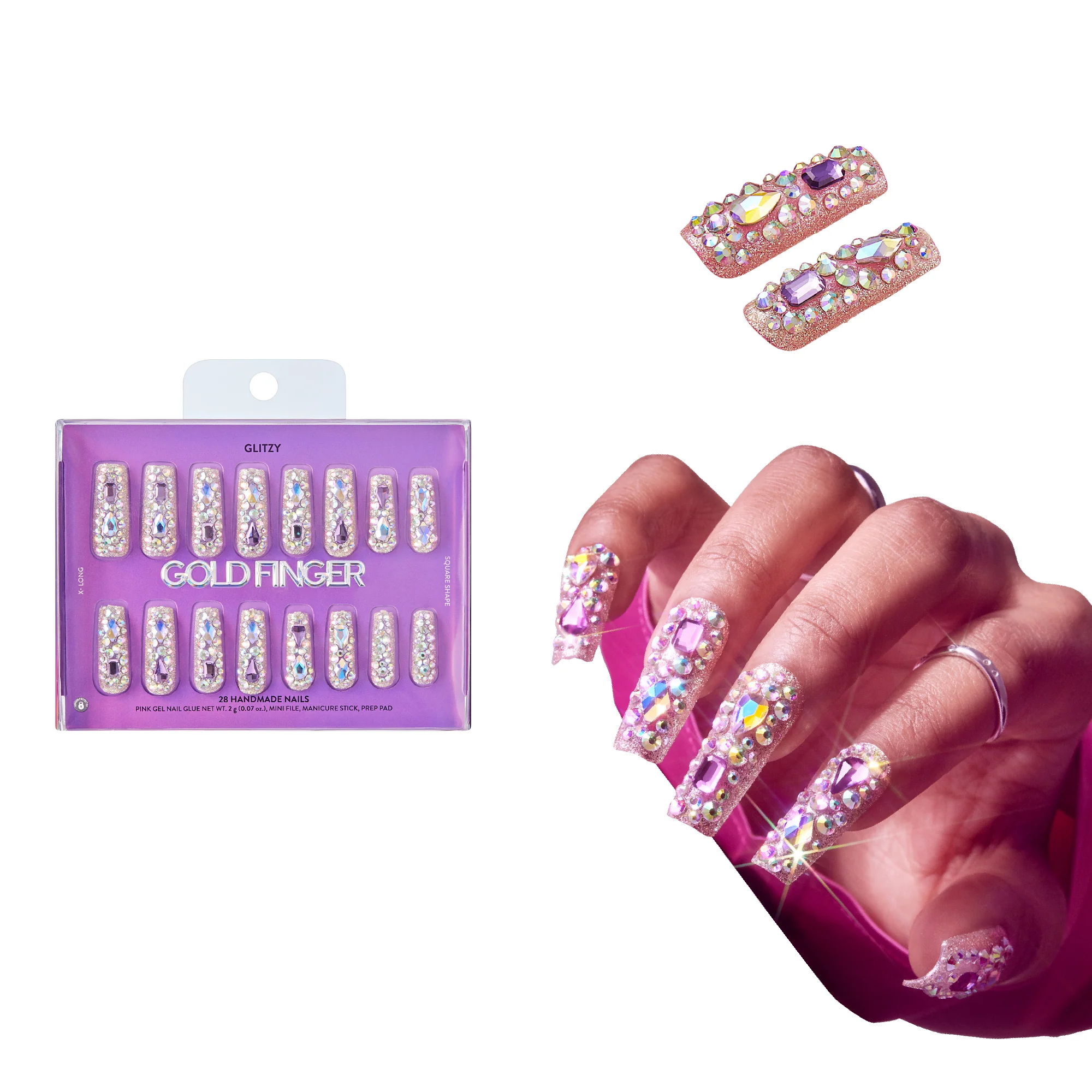 Gold Finger Glitzy 3D Handmade Press-On Nails – Pink & Purple Jewel Encrusted (X-Long Square) - Image 7
