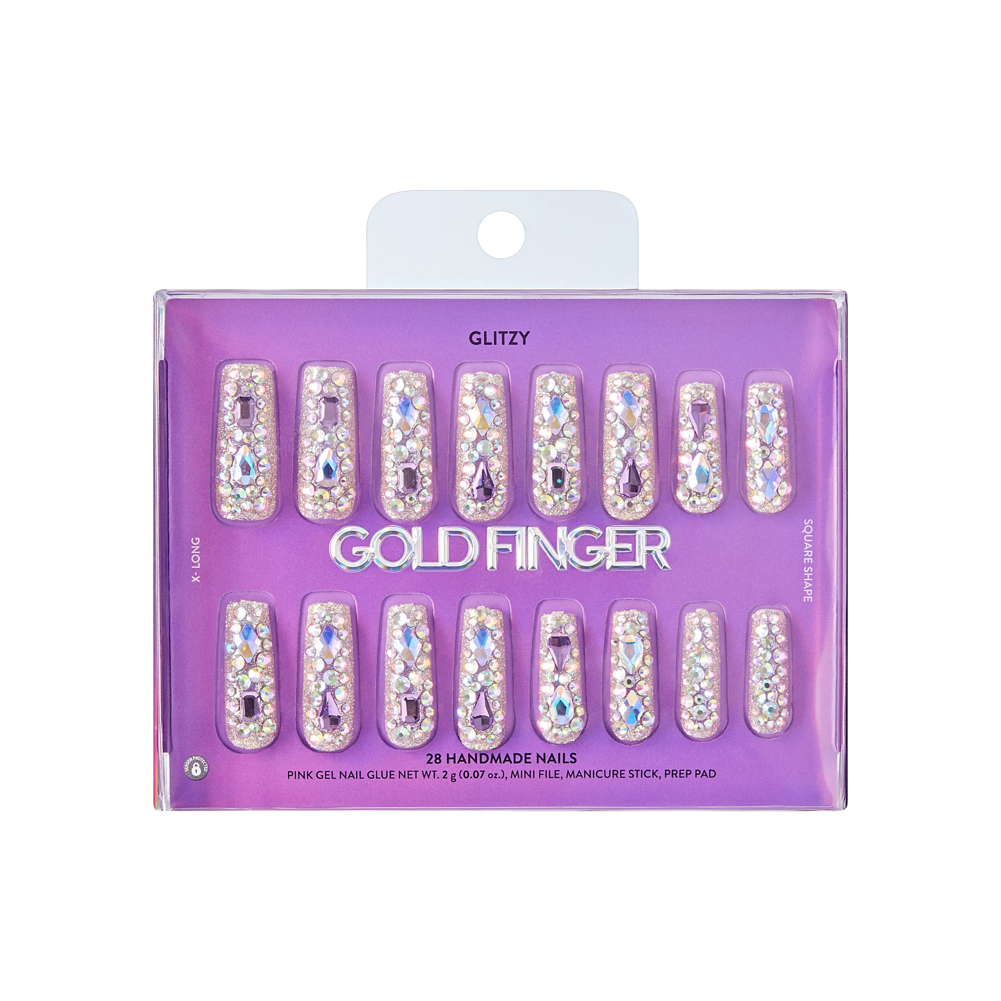 Gold Finger Glitzy 3D Handmade Press-On Nails – Pink & Purple Jewel Encrusted (X-Long Square) - Image 8
