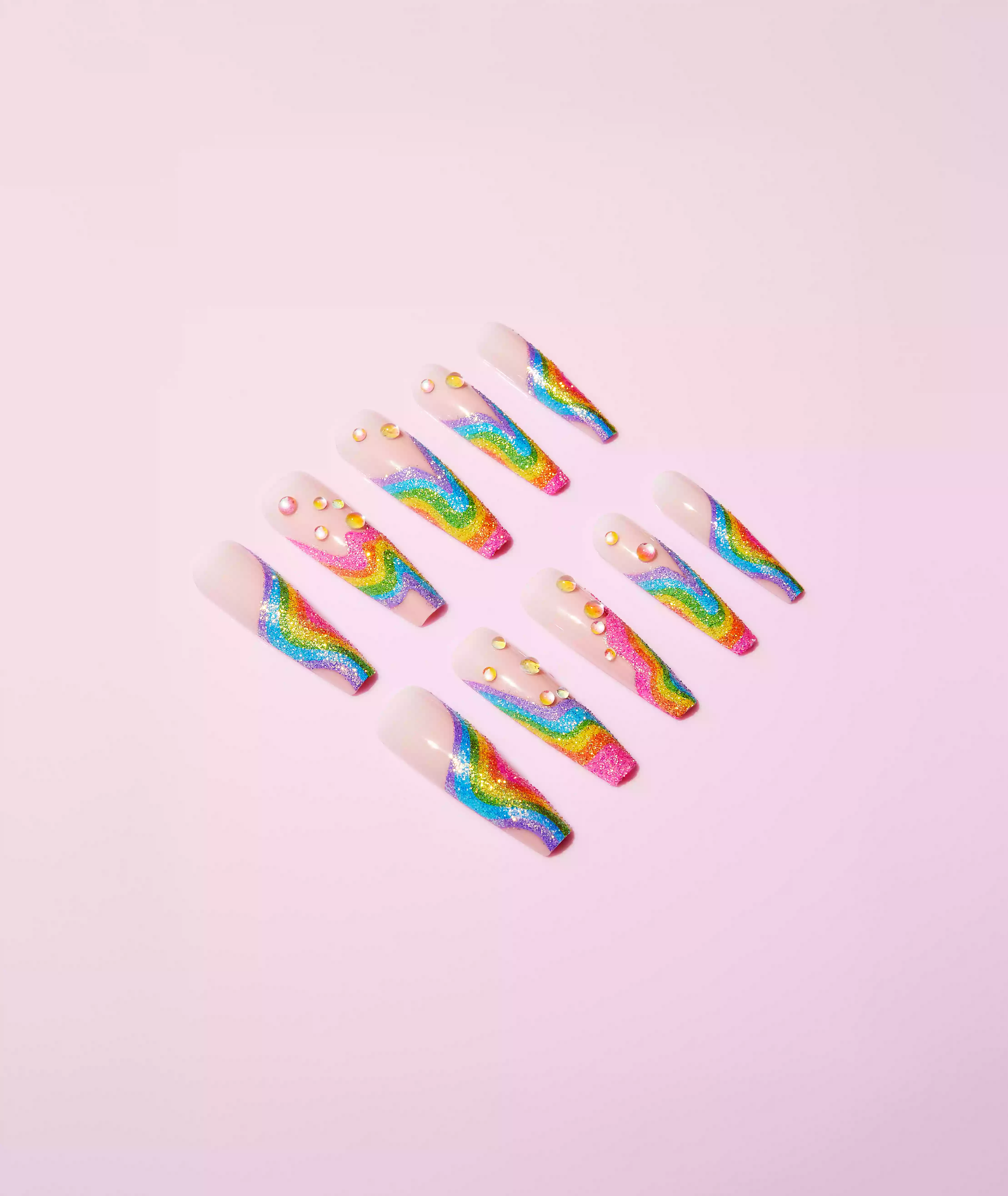 Gold Finger Glitzy 3D Handmade Press-On Nails – Rainbow Sugar Glitter French (3X-Long Coffin) - Image 10