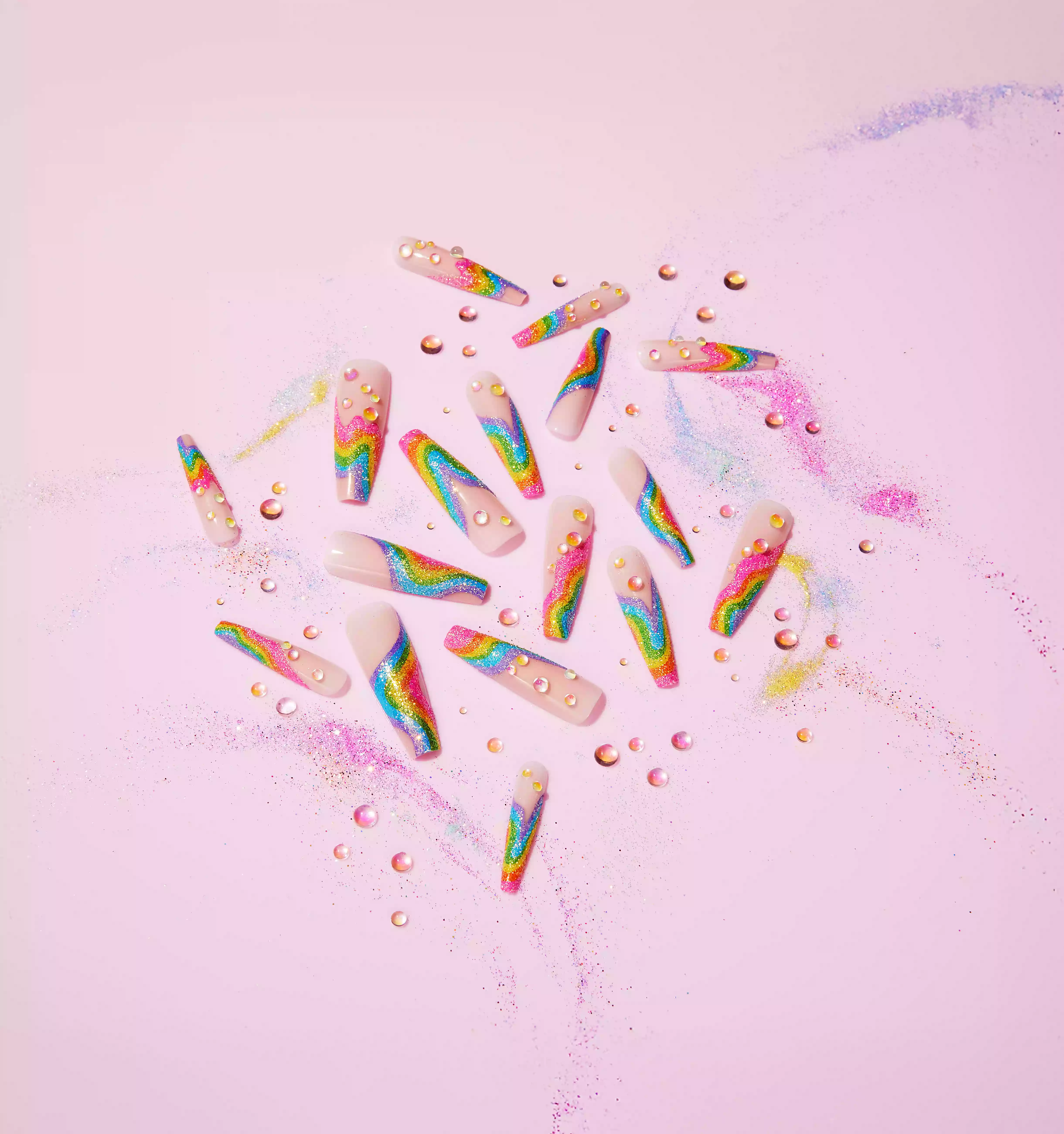 Gold Finger Glitzy 3D Handmade Press-On Nails – Rainbow Sugar Glitter French (3X-Long Coffin) - Image 11