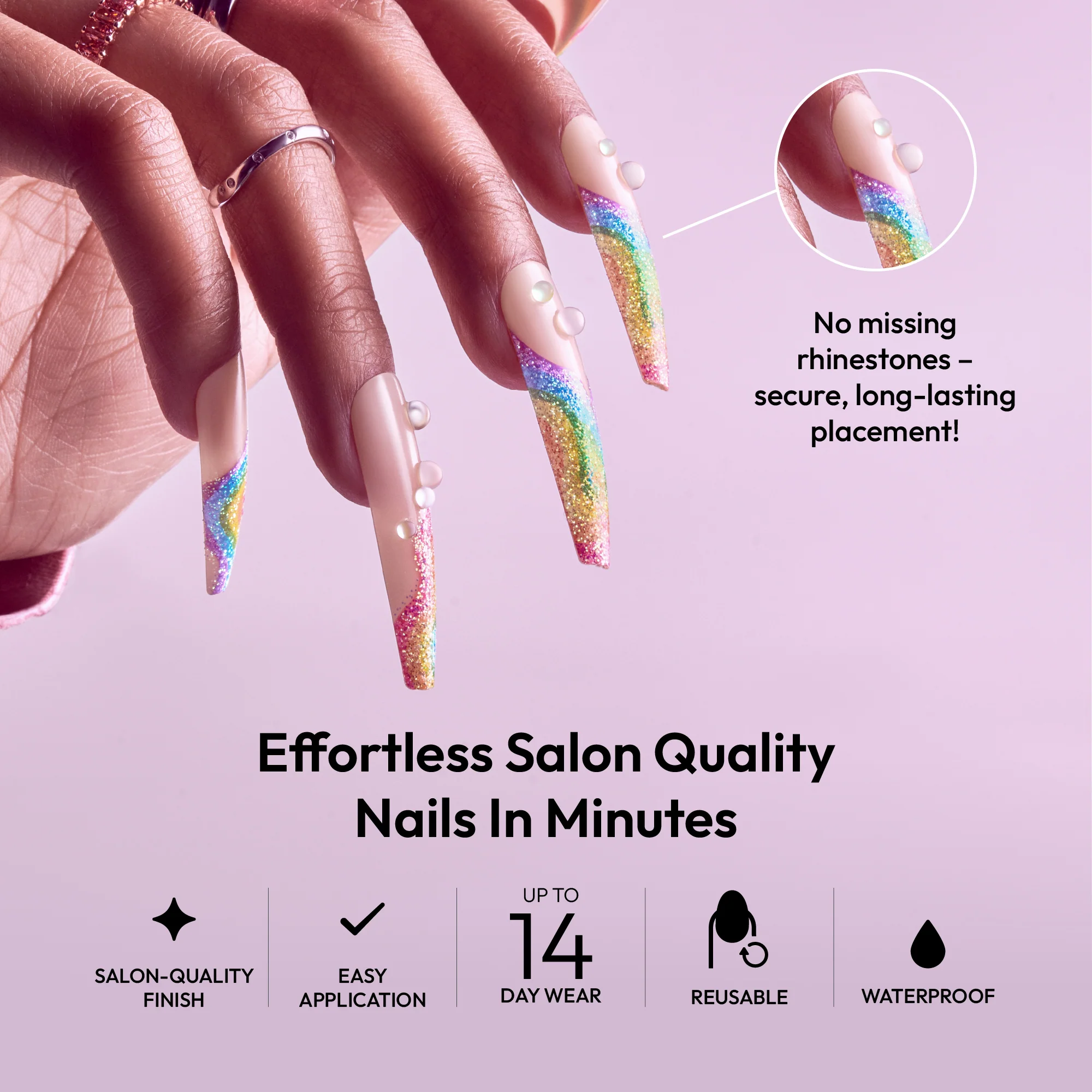 Gold Finger Glitzy 3D Handmade Press-On Nails – Rainbow Sugar Glitter French (3X-Long Coffin) - Image 2