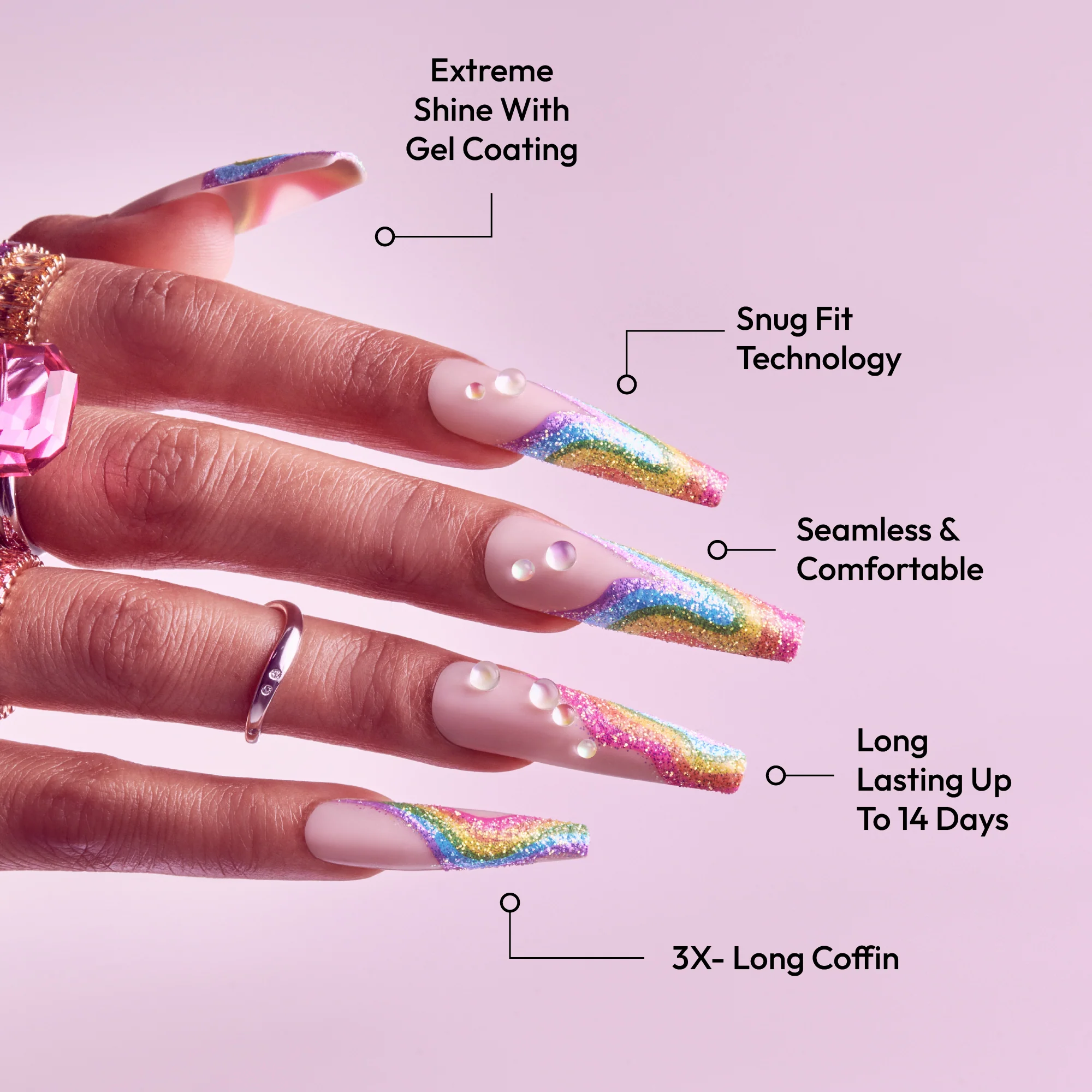 Gold Finger Glitzy 3D Handmade Press-On Nails – Rainbow Sugar Glitter French (3X-Long Coffin) - Image 3