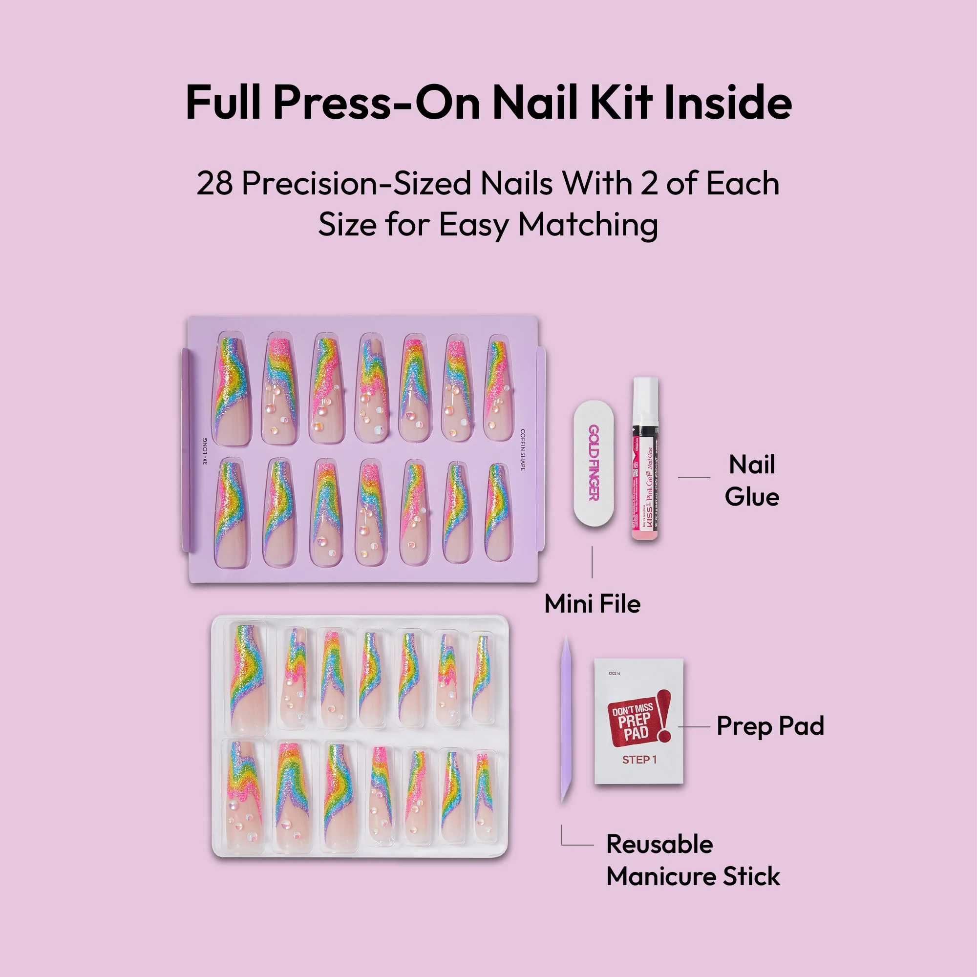 Gold Finger Glitzy 3D Handmade Press-On Nails – Rainbow Sugar Glitter French (3X-Long Coffin) - Image 5