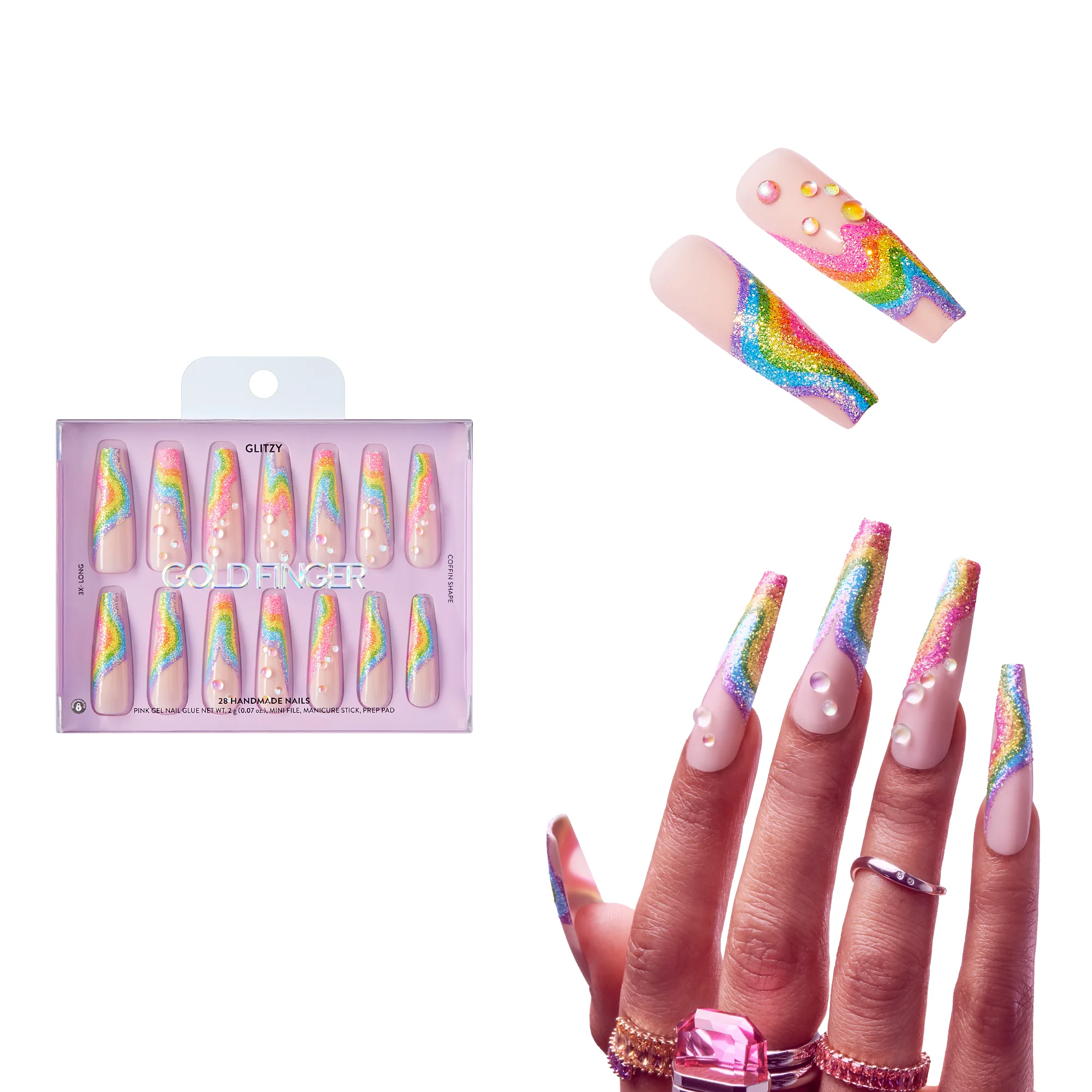Gold Finger Glitzy 3D Handmade Press-On Nails – Rainbow Sugar Glitter French (3X-Long Coffin) - Image 6
