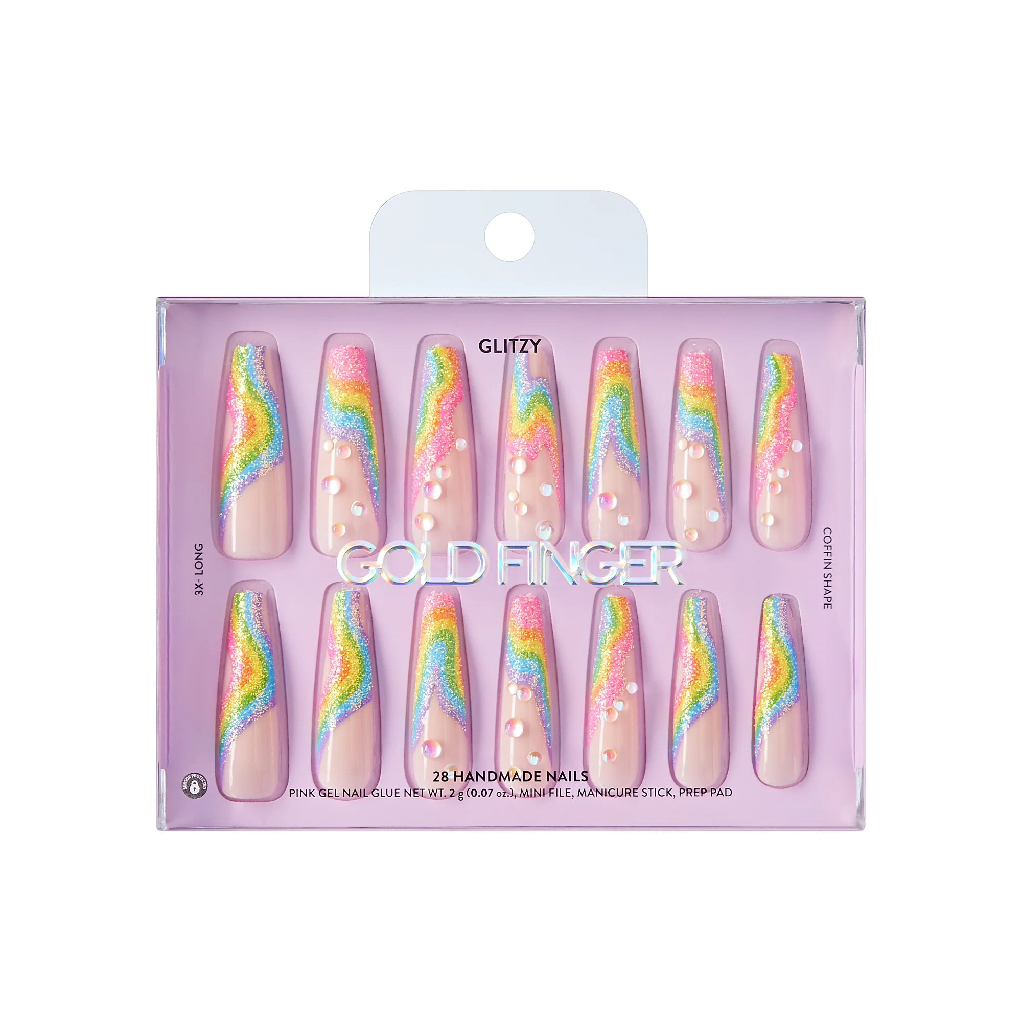 Gold Finger Glitzy 3D Handmade Press-On Nails – Rainbow Sugar Glitter French (3X-Long Coffin) - Image 7