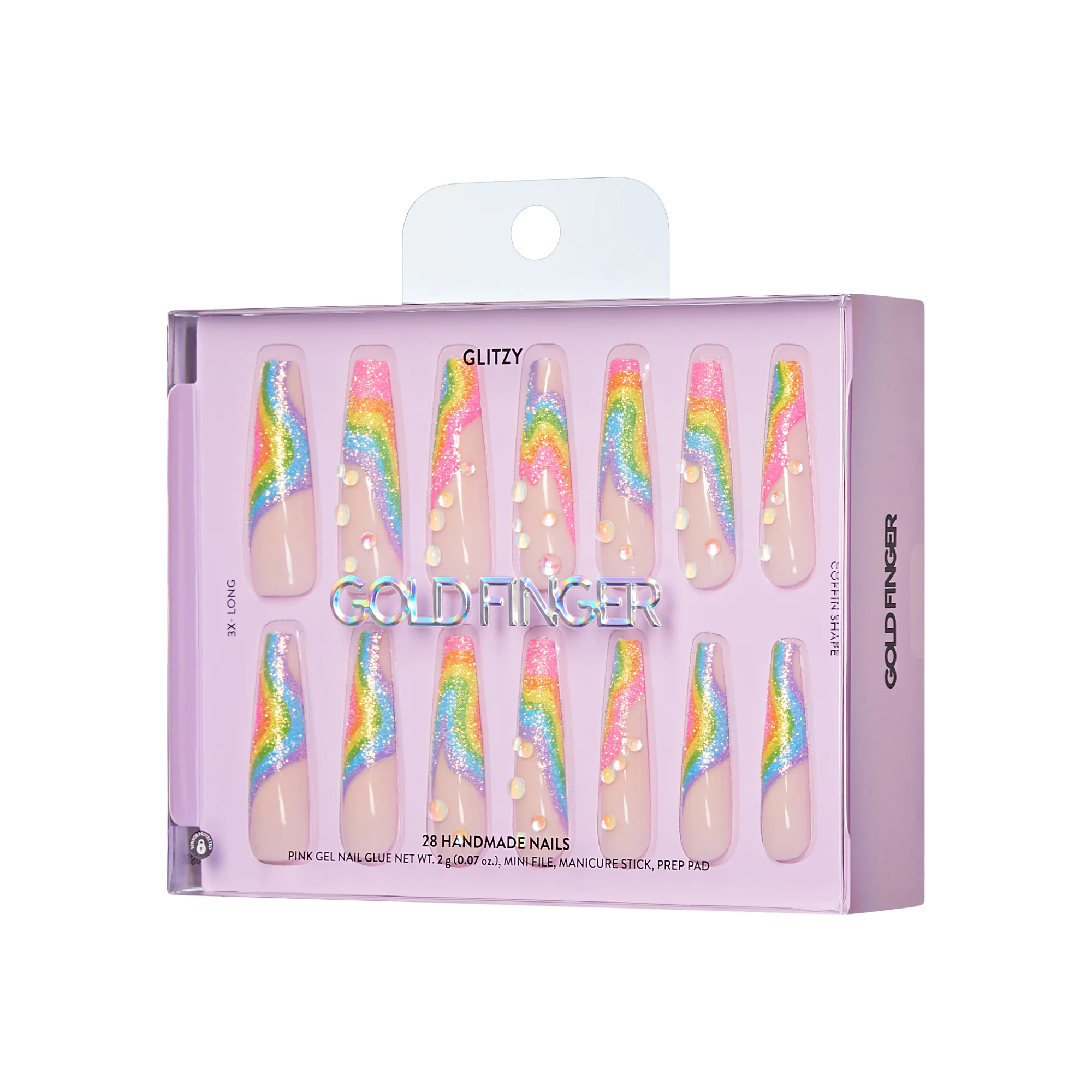 Gold Finger Glitzy 3D Handmade Press-On Nails – Rainbow Sugar Glitter French (3X-Long Coffin) - Image 8