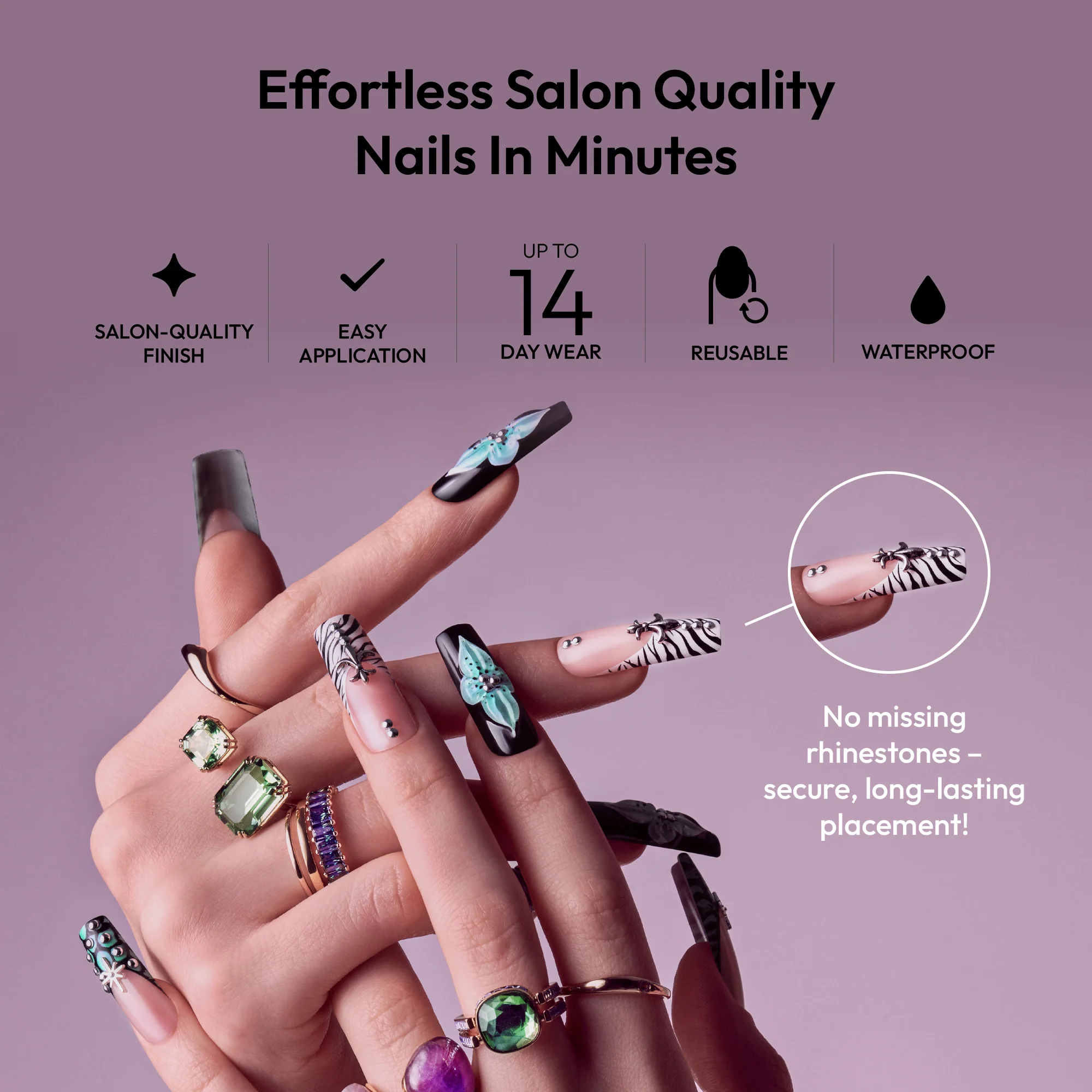 Gold Finger Glitzy 3D Handmade Press-On Nails - Teal Flower & Zebra French X-Long Square - Image 2