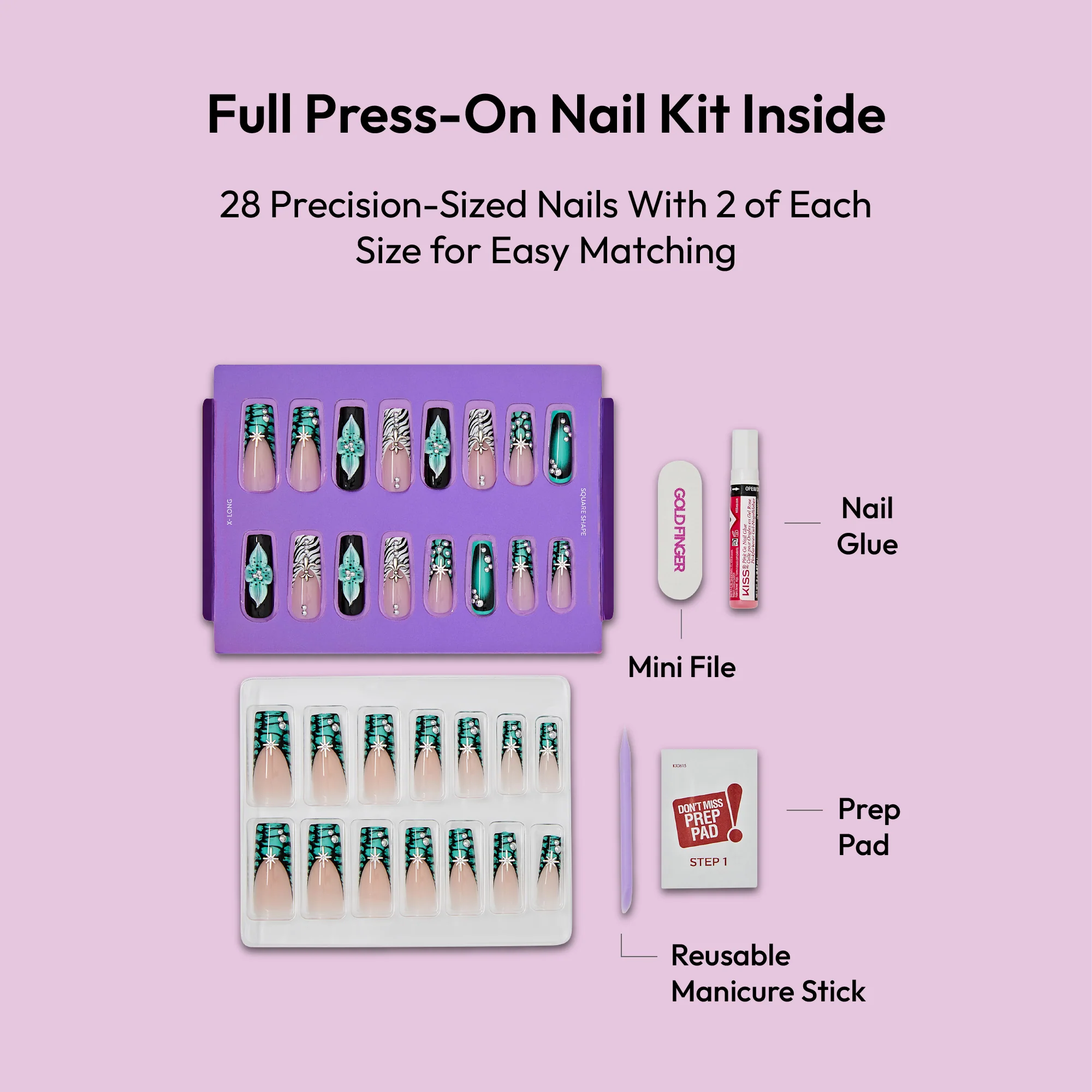 Gold Finger Glitzy 3D Handmade Press-On Nails - Teal Flower & Zebra French X-Long Square - Image 5