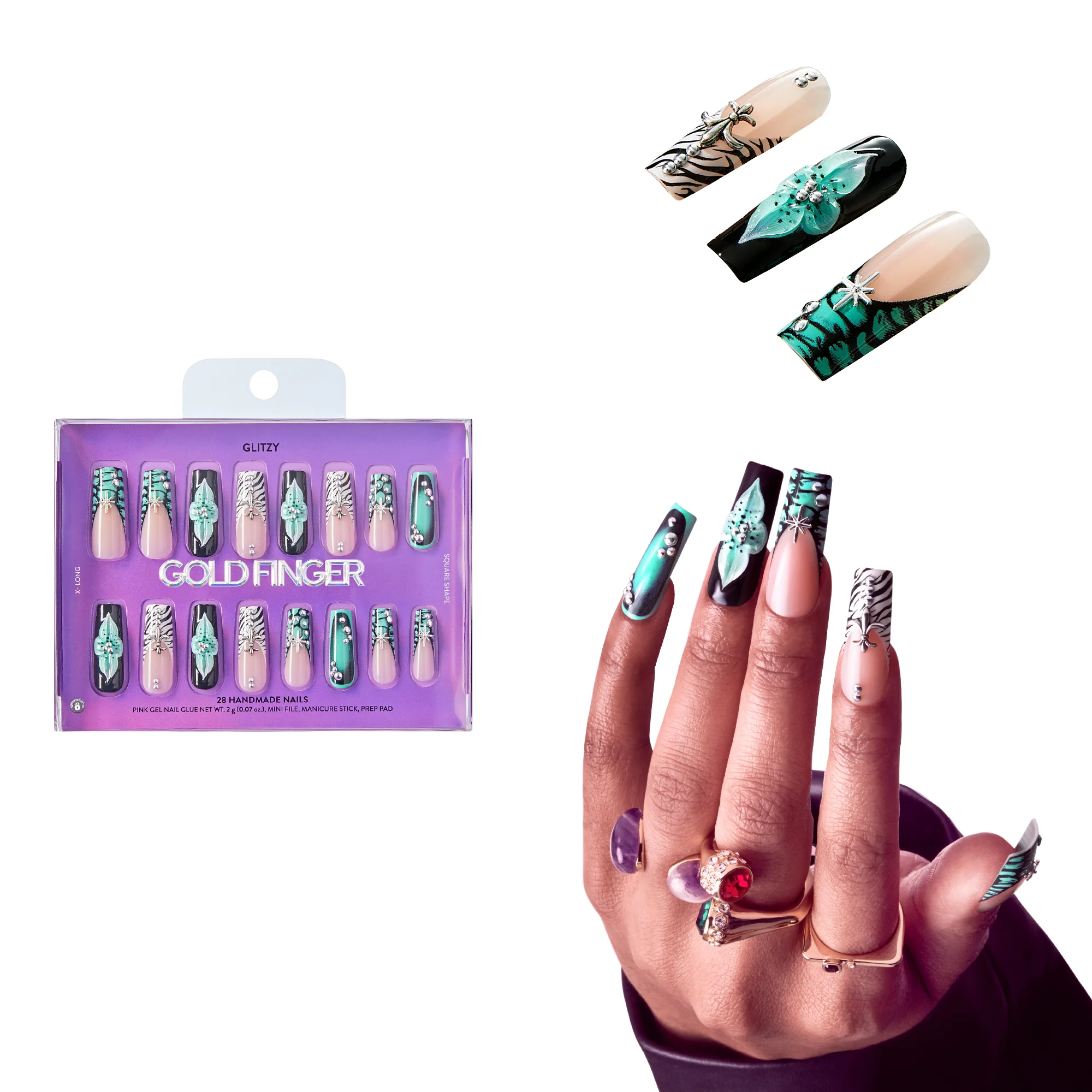 Gold Finger Glitzy 3D Handmade Press-On Nails - Teal Flower & Zebra French X-Long Square - Image 7