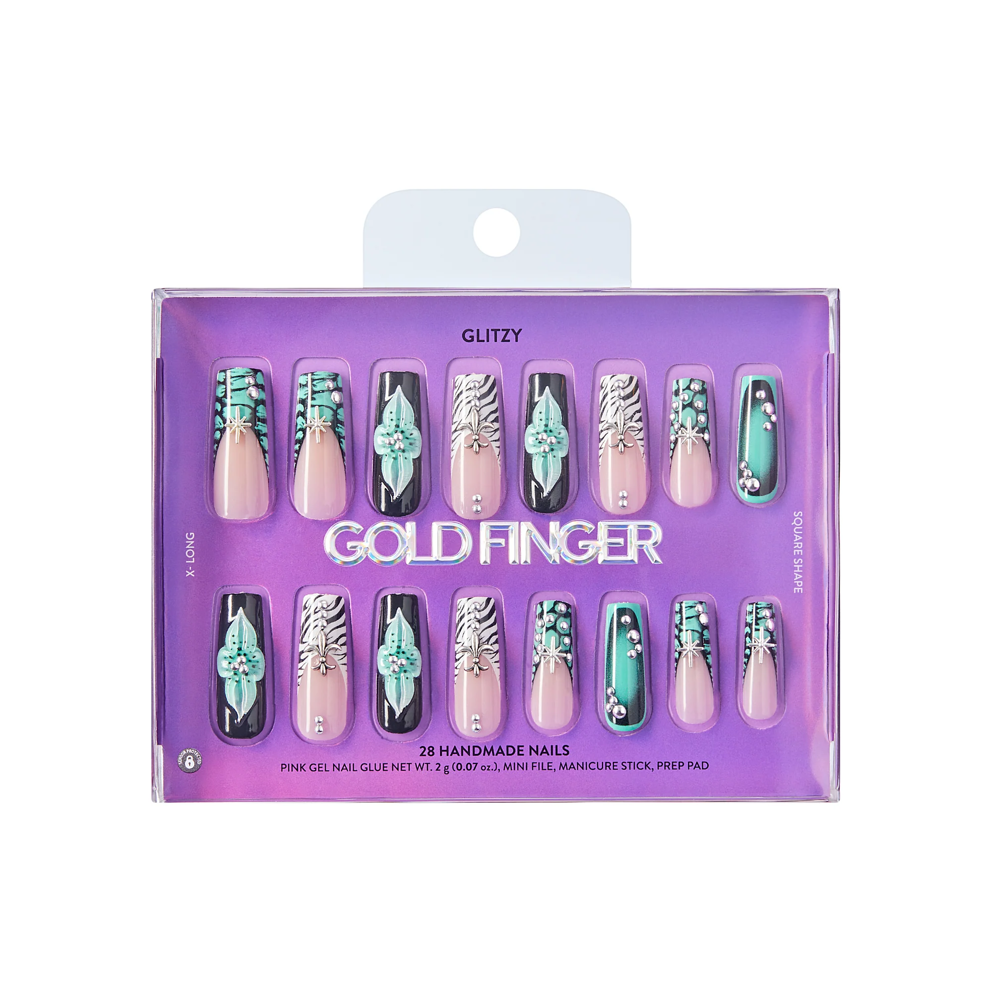 Gold Finger Glitzy 3D Handmade Press-On Nails - Teal Flower & Zebra French X-Long Square - Image 8