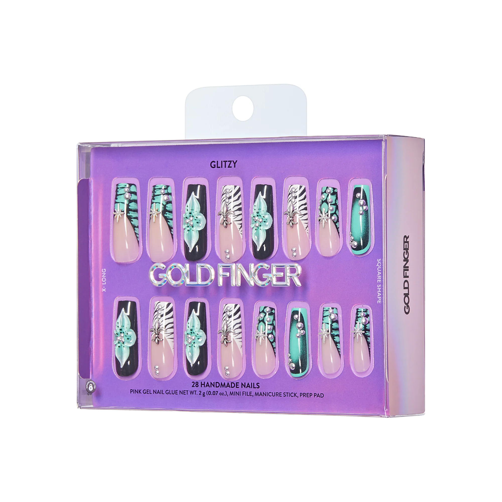 Gold Finger Glitzy 3D Handmade Press-On Nails - Teal Flower & Zebra French X-Long Square - Image 9