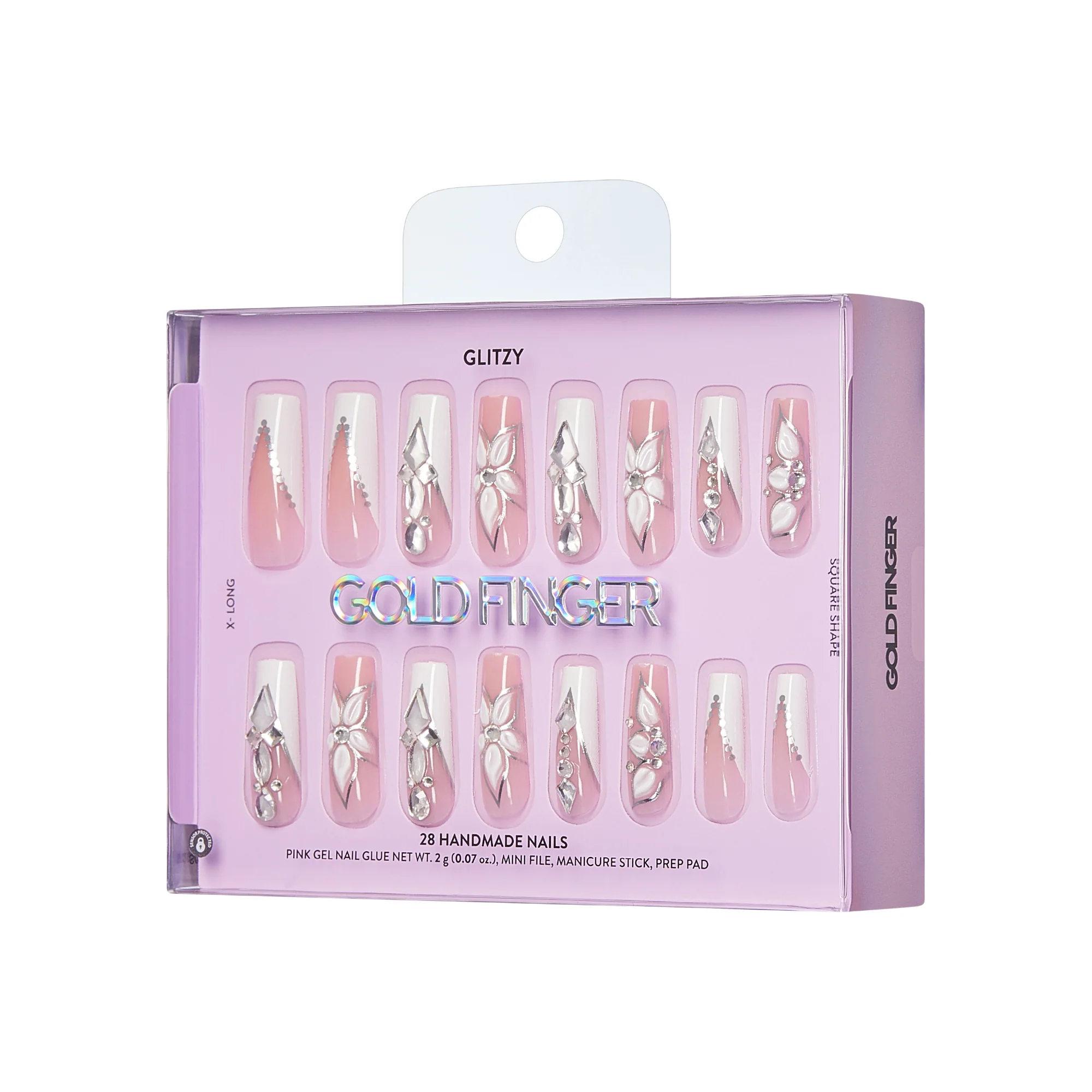 Gold Finger Glitzy 3D Handmade Press-On Nails – White Flower & Gem French (X-Long Square) - Image 10