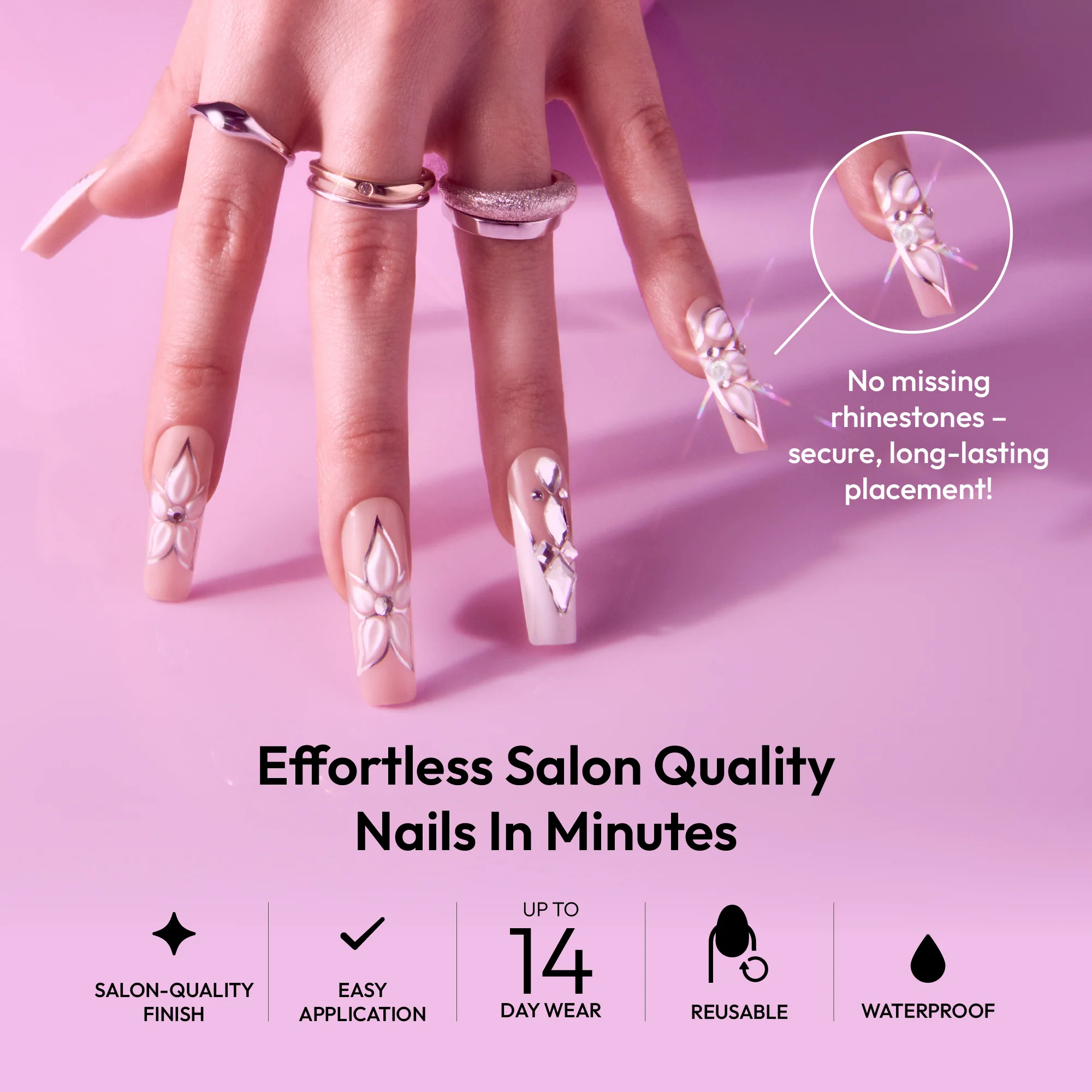 Gold Finger Glitzy 3D Handmade Press-On Nails – White Flower & Gem French (X-Long Square) - Image 2