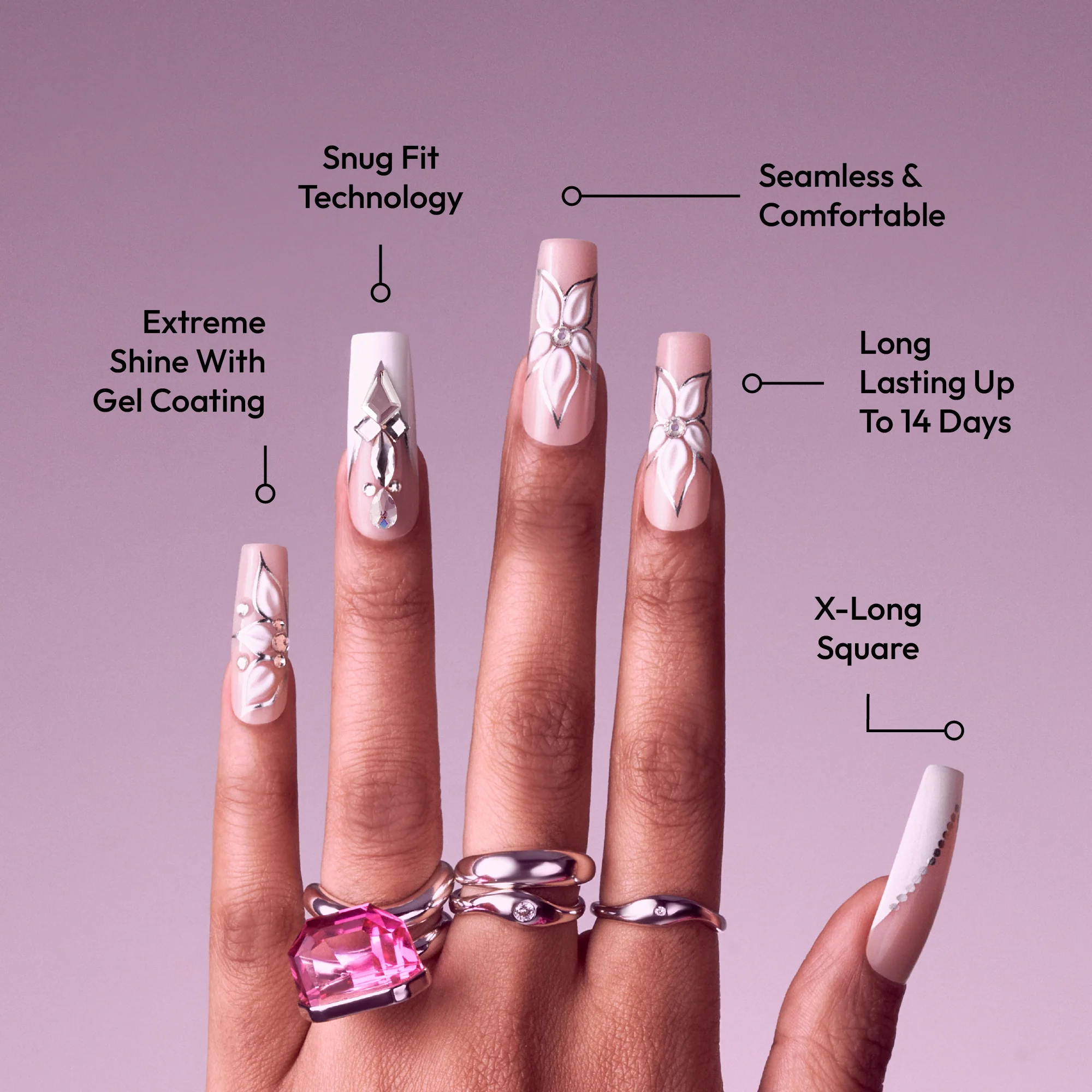 Gold Finger Glitzy 3D Handmade Press-On Nails – White Flower & Gem French (X-Long Square) - Image 3
