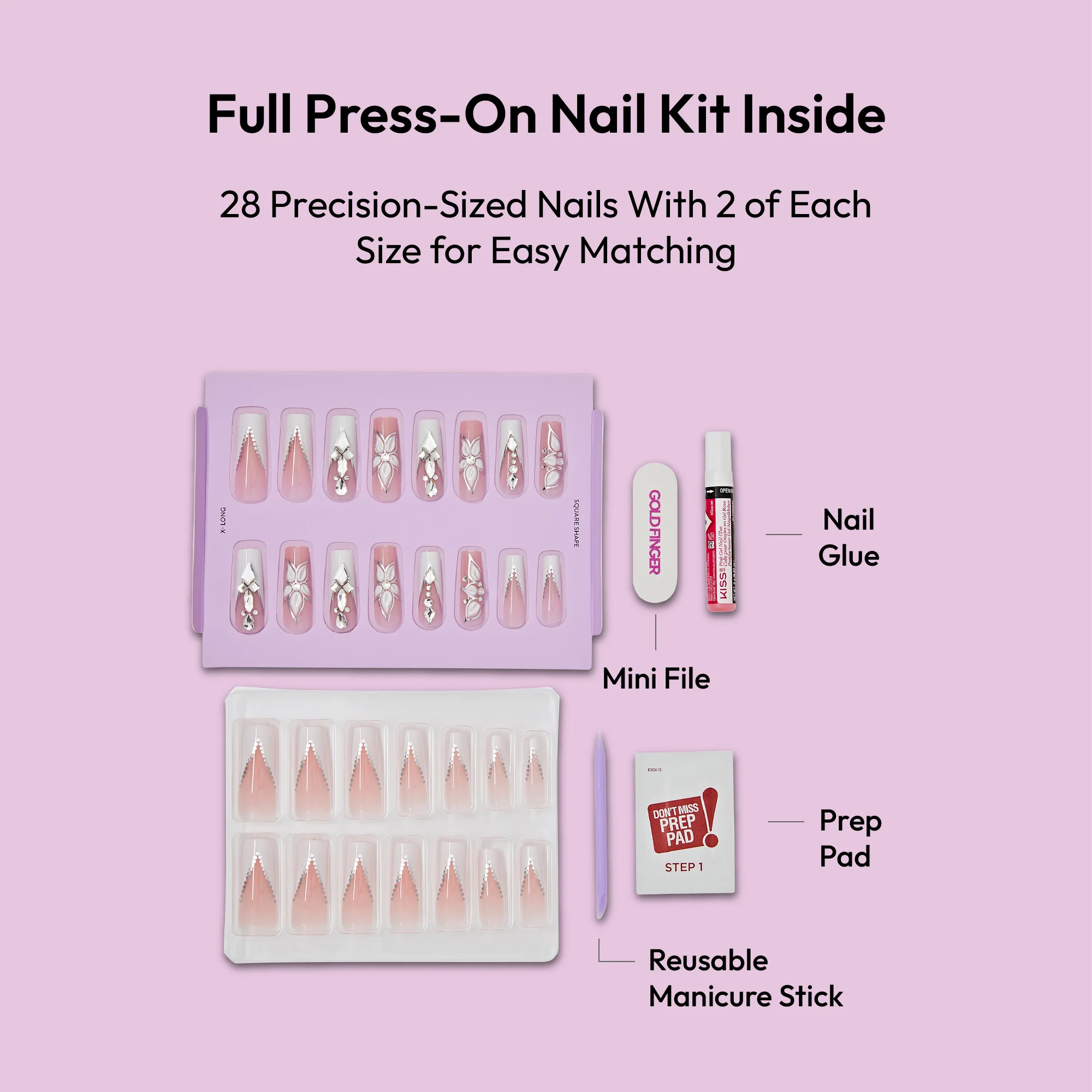 Gold Finger Glitzy 3D Handmade Press-On Nails – White Flower & Gem French (X-Long Square) - Image 5