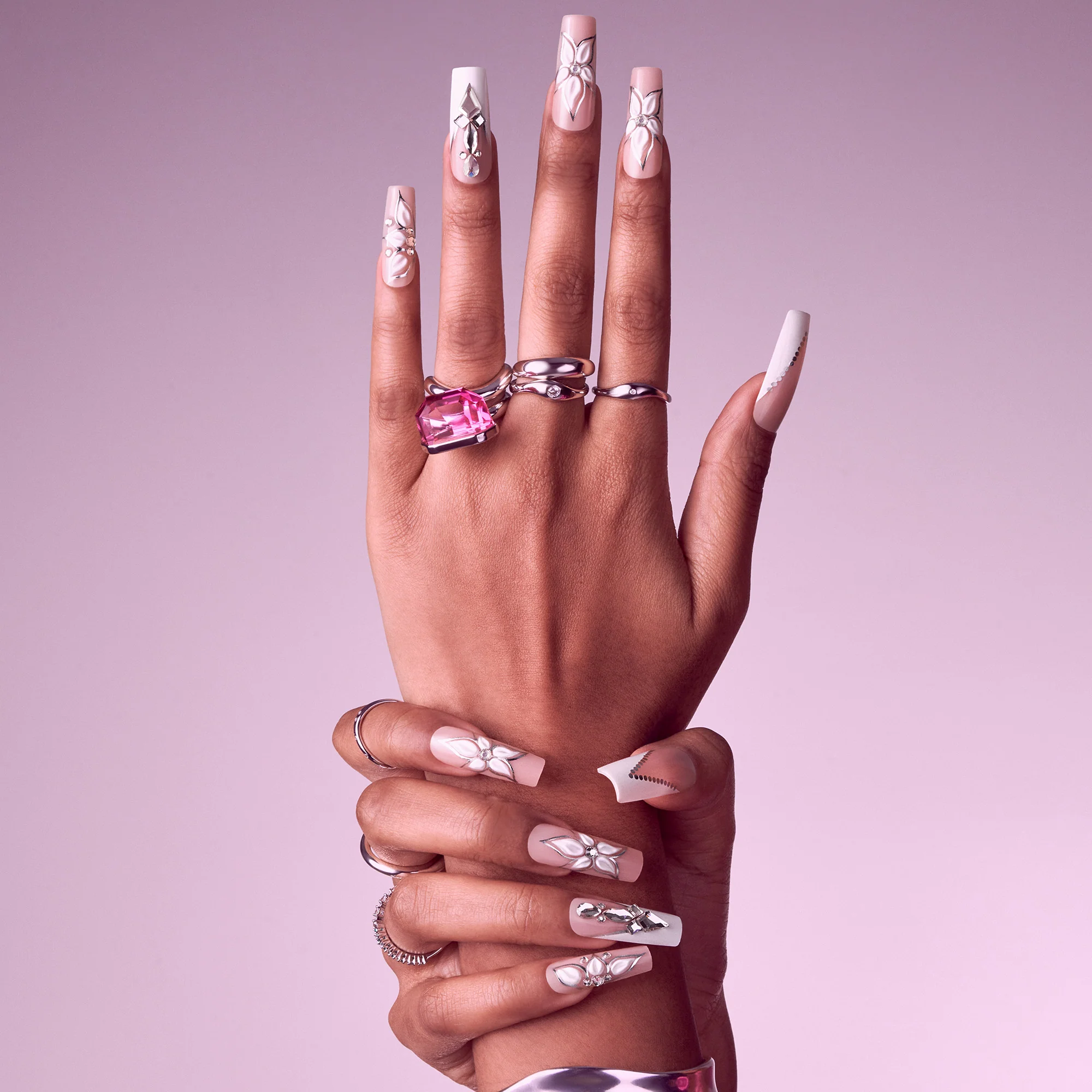 Gold Finger Glitzy 3D Handmade Press-On Nails – White Flower & Gem French (X-Long Square) - Image 6