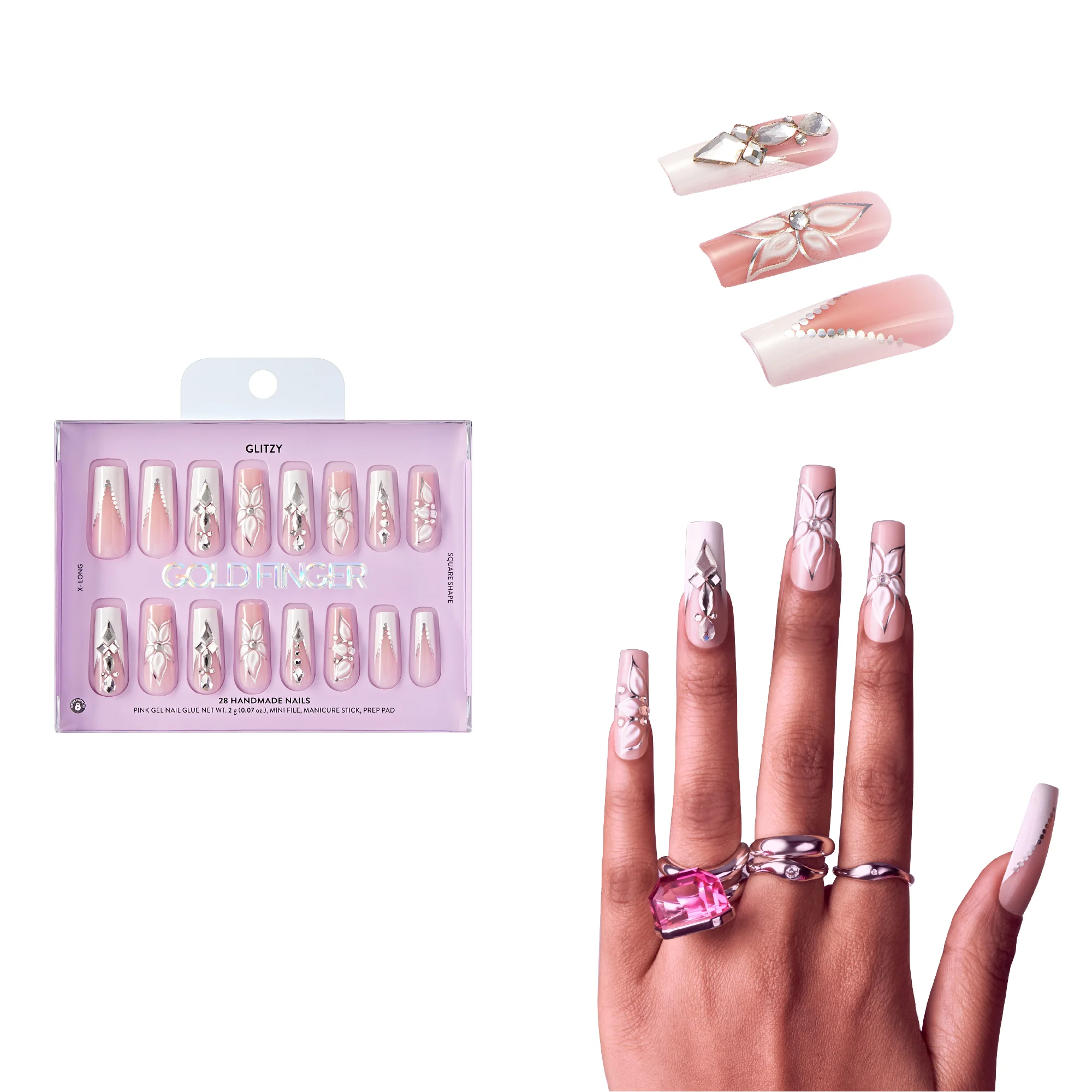 Gold Finger Glitzy 3D Handmade Press-On Nails – White Flower & Gem French (X-Long Square) - Image 7