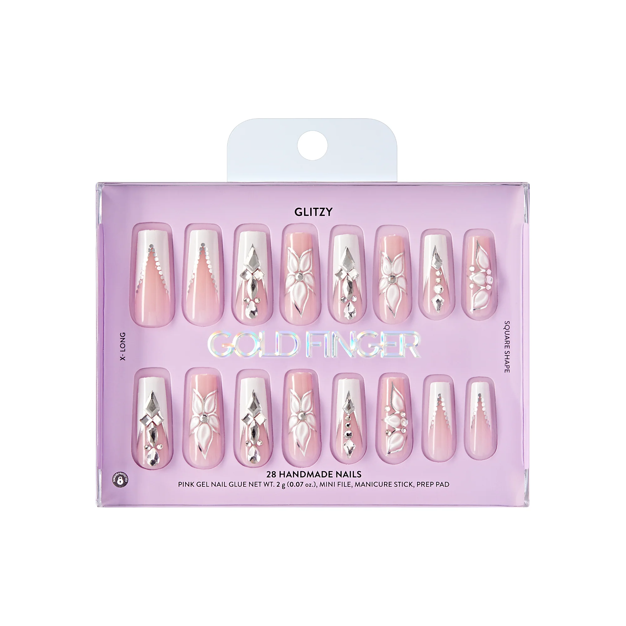 Gold Finger Glitzy 3D Handmade Press-On Nails – White Flower & Gem French (X-Long Square) - Image 8