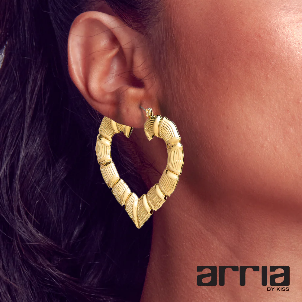 Arria Gold & White Gold Tone Bamboo Heart Hoop Earrings – 58mm - Image 6