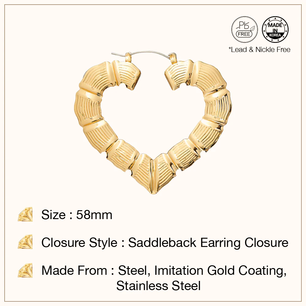 Arria Gold & White Gold Tone Bamboo Heart Hoop Earrings – 58mm - Image 7