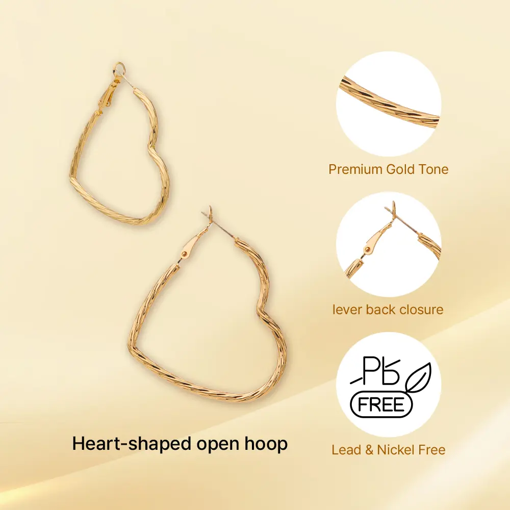 Arria Heart-Shaped Open Hoop Earrings in Gold Tone – 40mm - Image 4