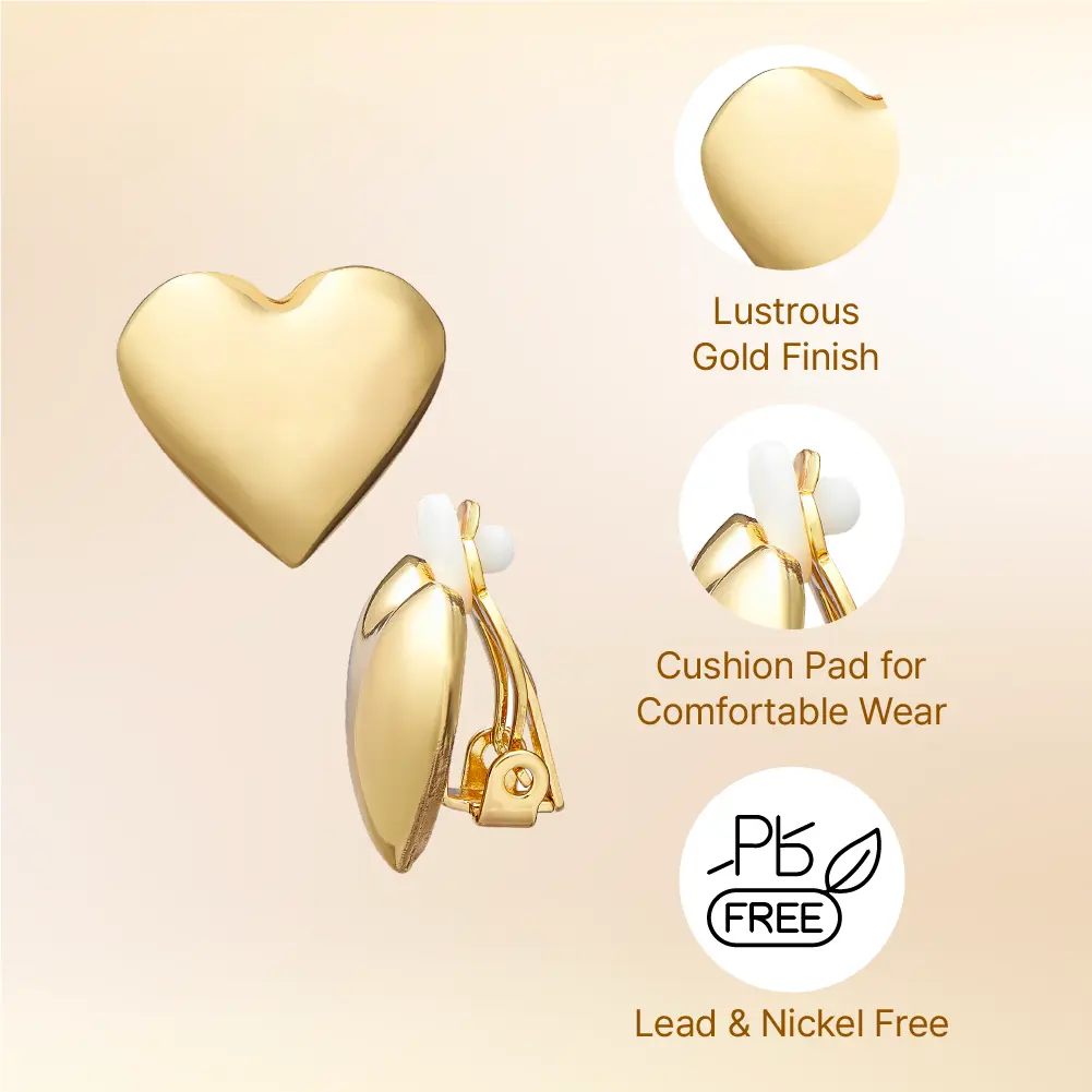 Arria Lustrous Gold Plating Heart Clip-On Earrings – 16mm - Image 2
