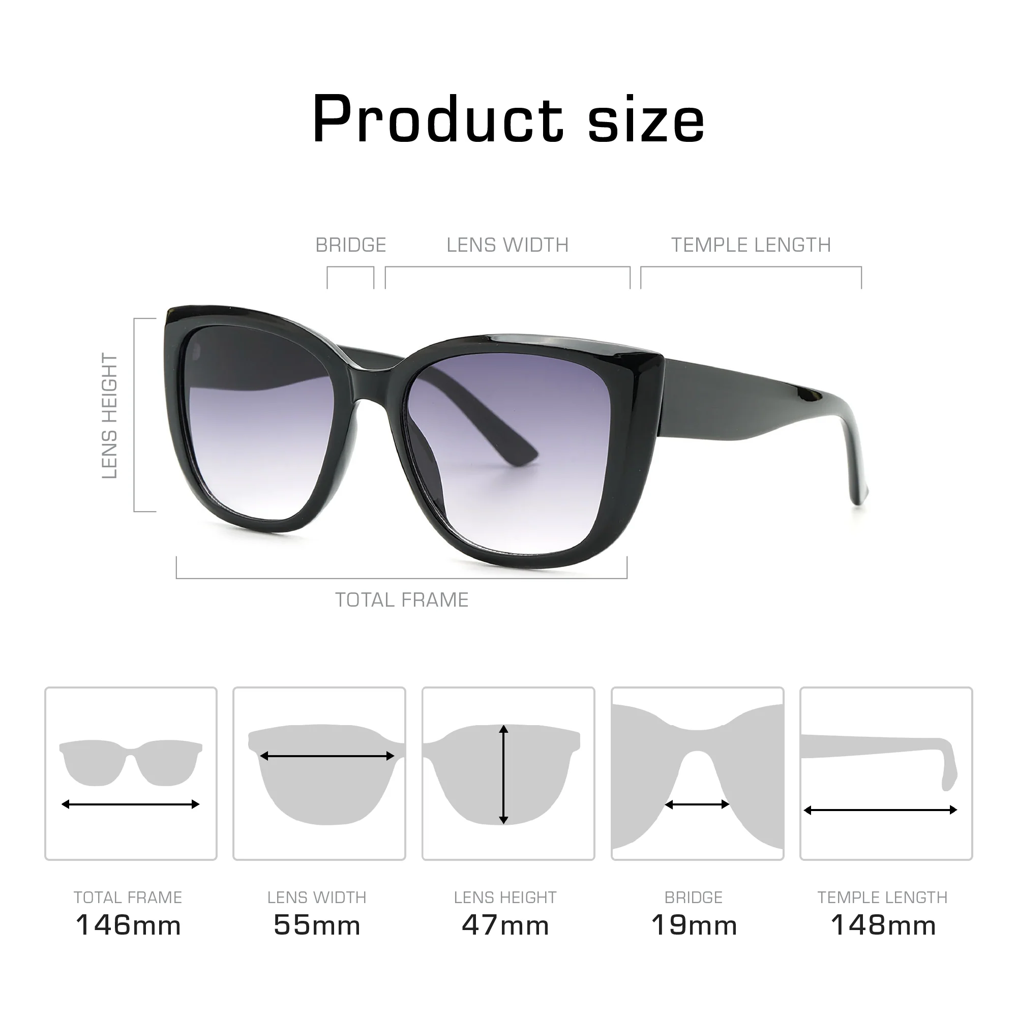Mad Shade Black Cat Eye Sunglasses - UV400 Gradient Lens Oversized Square Frames - Image 4