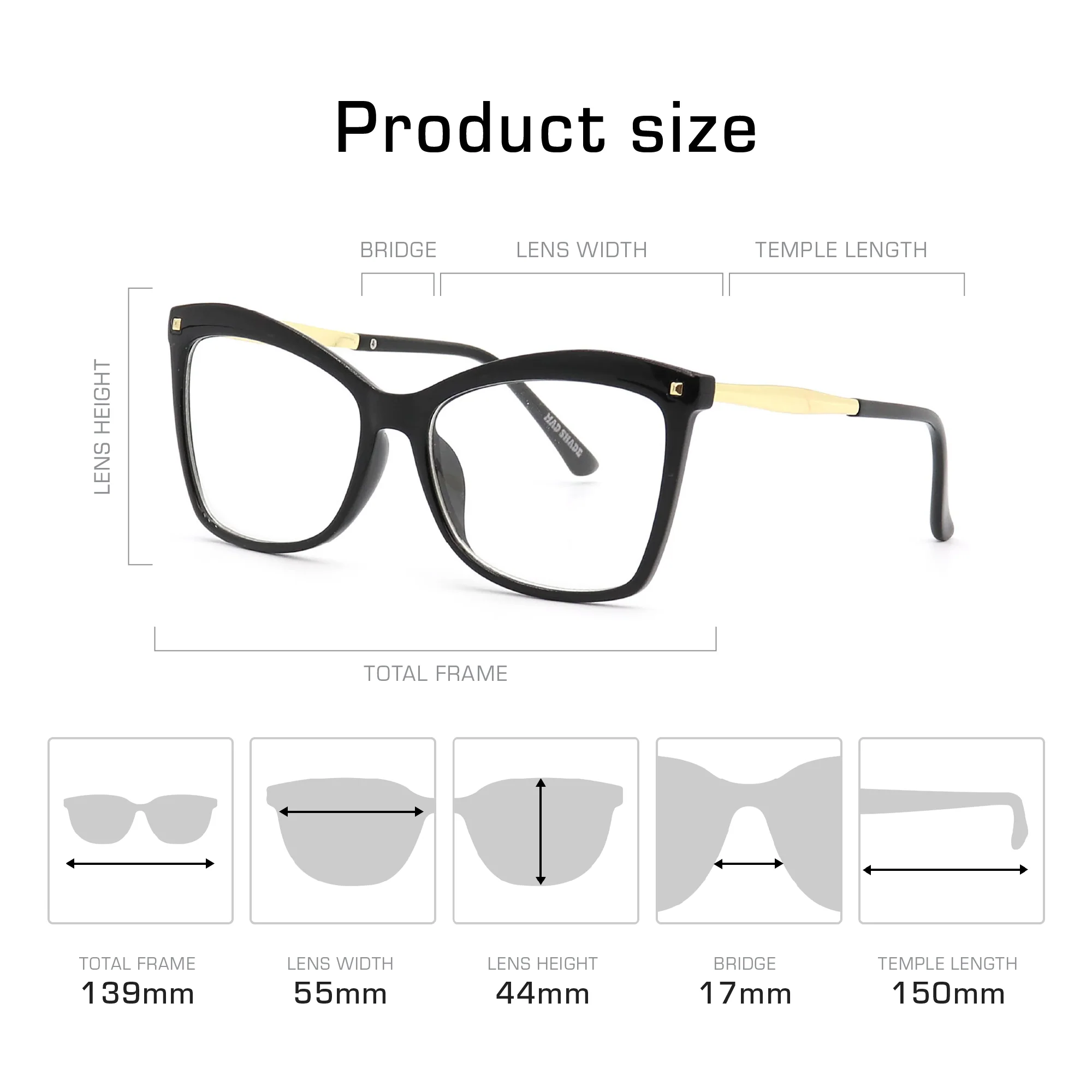 MadShade Black Cat Eye Fake Glasses with Gold Accents - Retro Clear Lens Eyewear - Image 5
