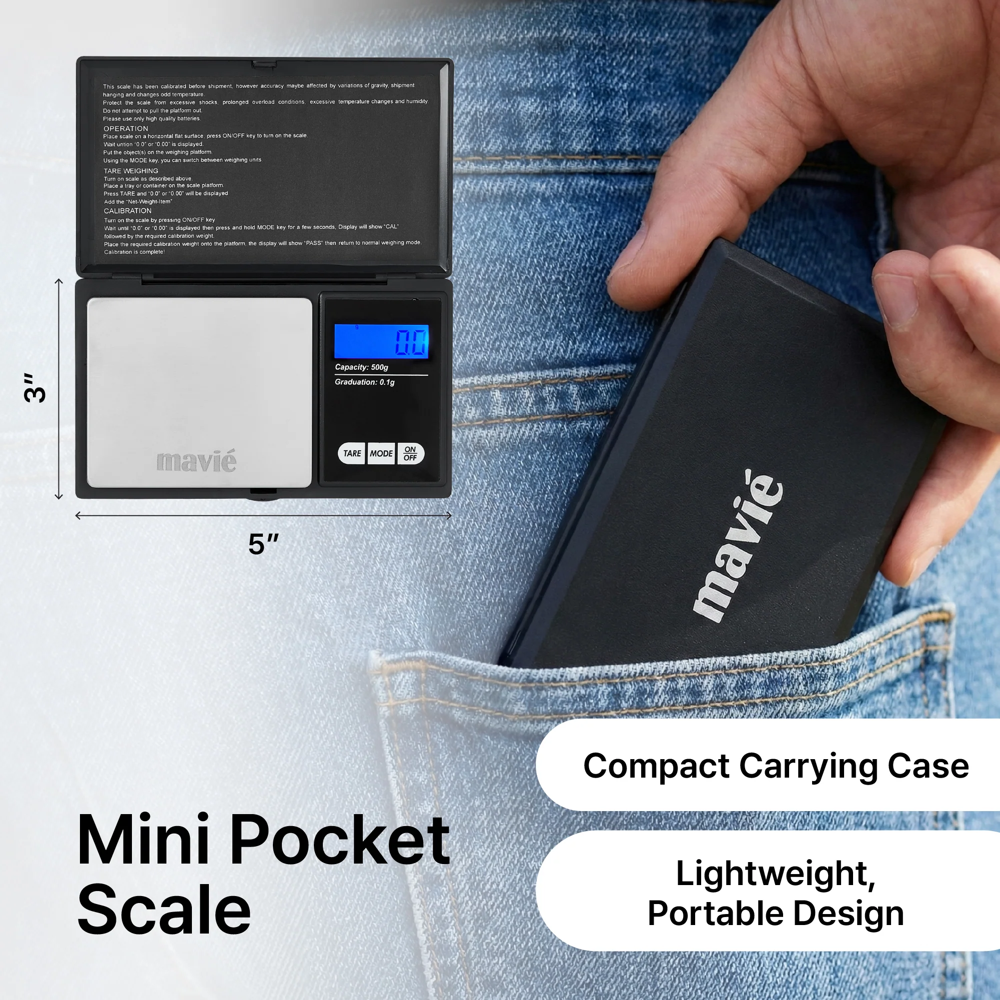 MAVIE Mini Digital Pocket Scale – 500g High Precision Jewelry & Food Scale with 7 Units & Protective Cover - Image 2
