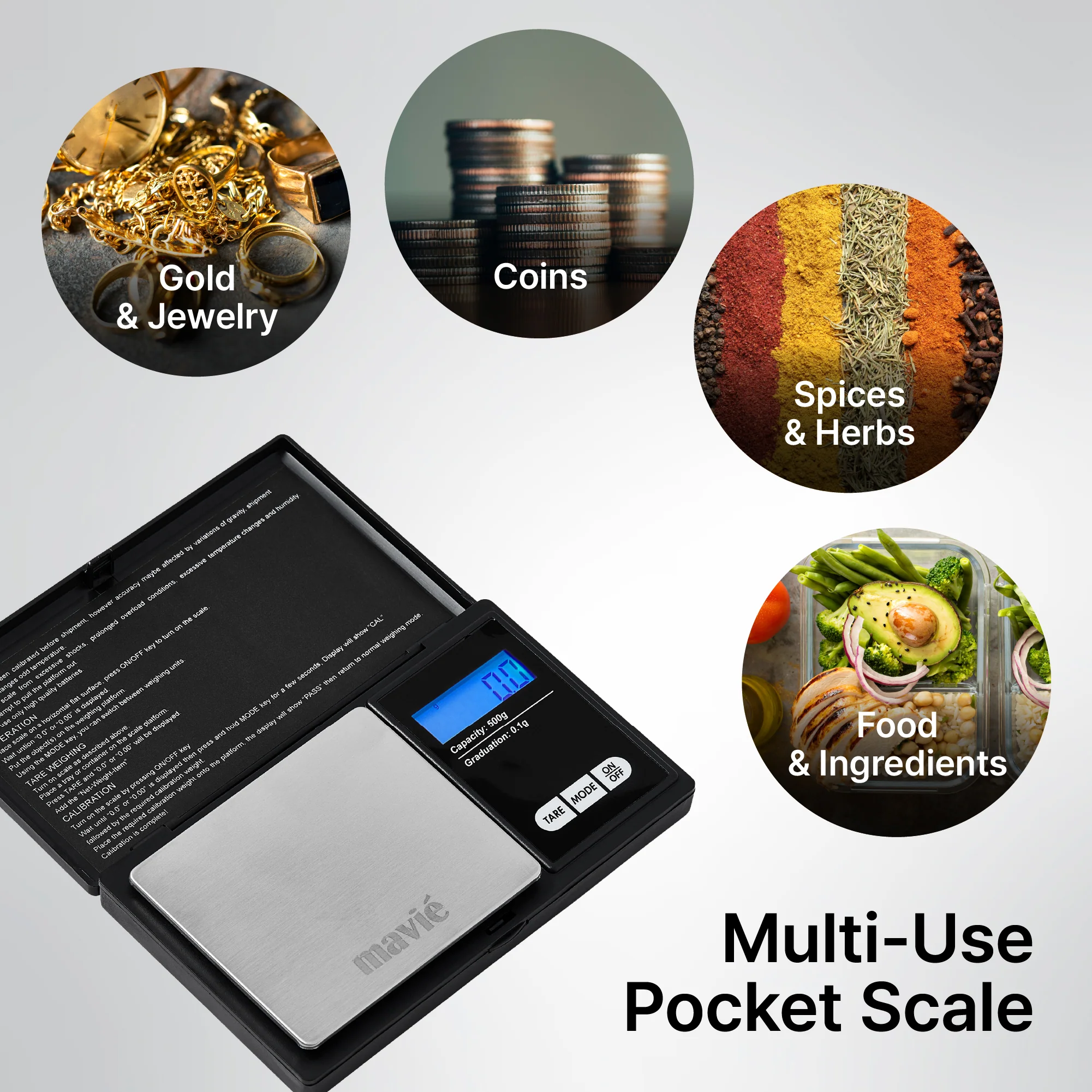 MAVIE Mini Digital Pocket Scale – 500g High Precision Jewelry & Food Scale with 7 Units & Protective Cover - Image 3