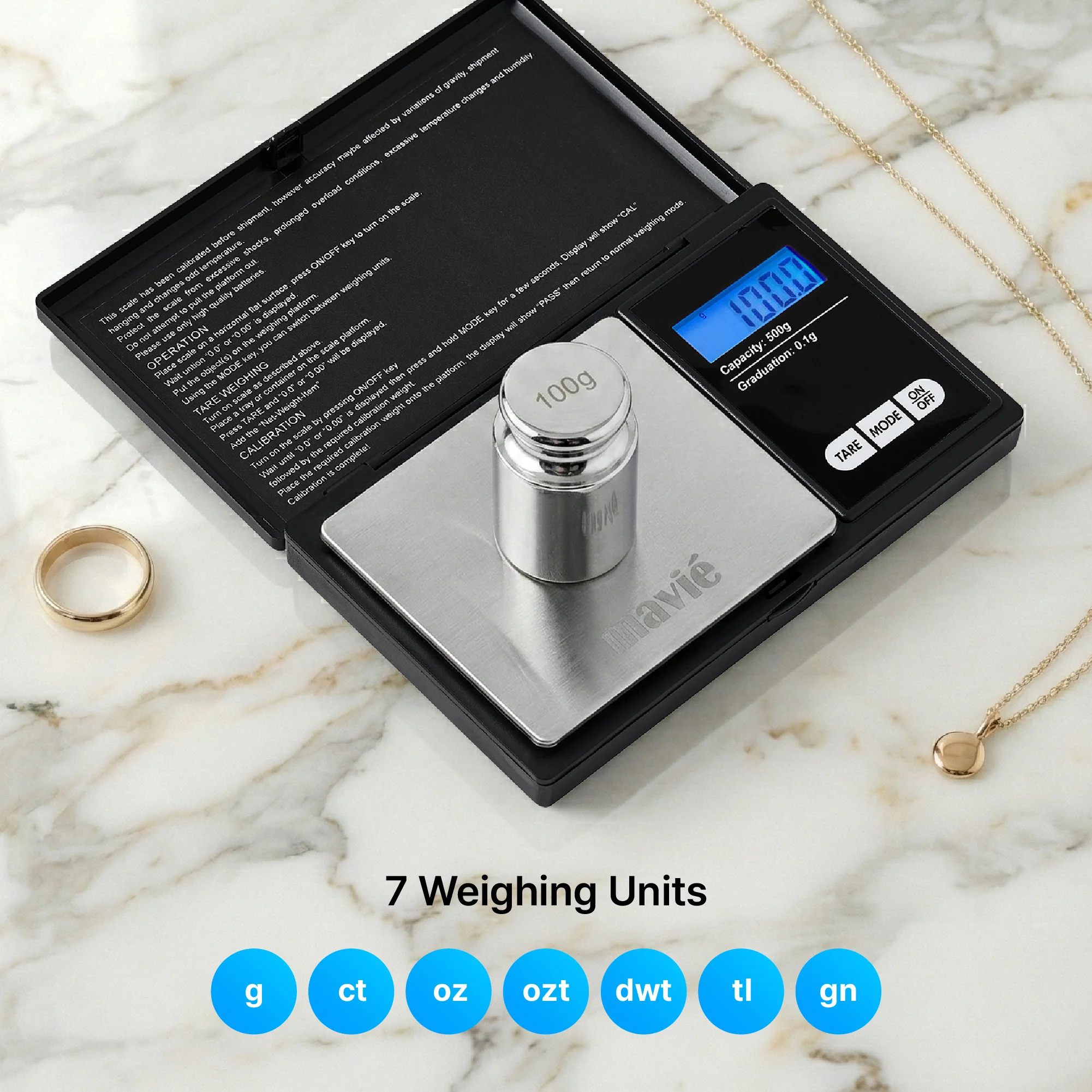 MAVIE Mini Digital Pocket Scale – 500g High Precision Jewelry & Food Scale with 7 Units & Protective Cover - Image 4