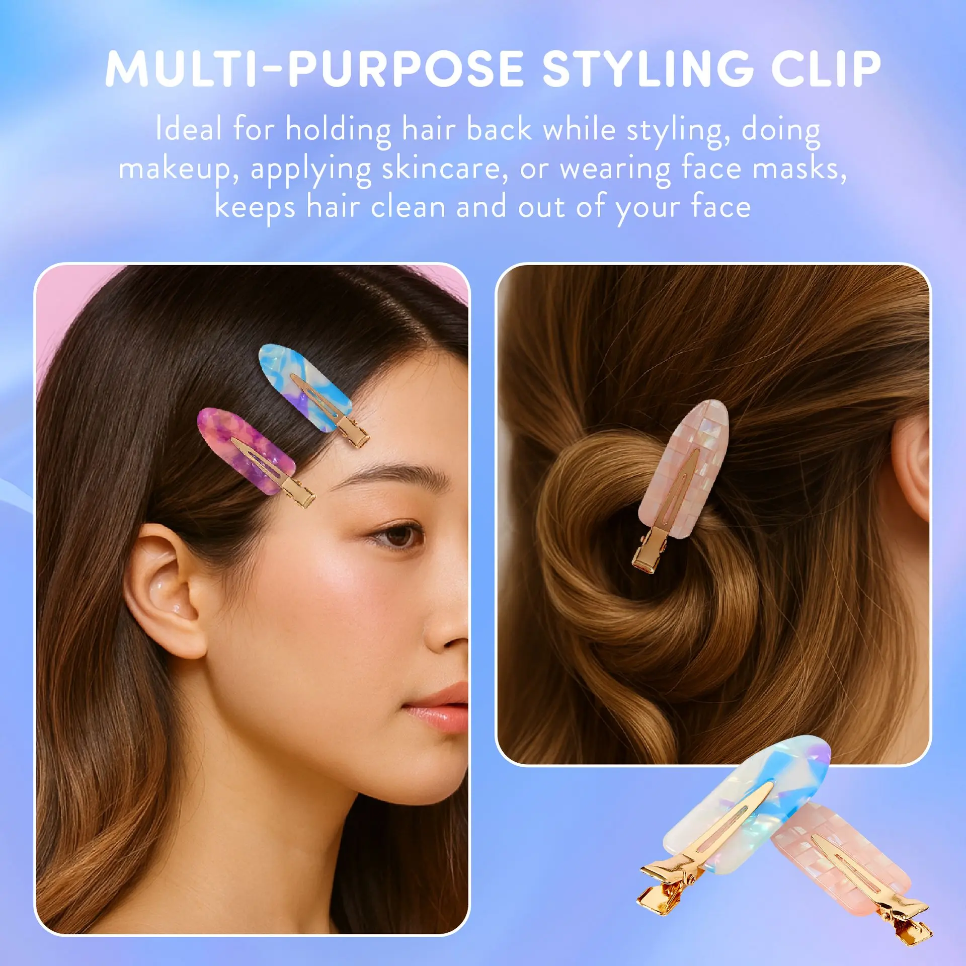 éclat No Crease Hair Clips - Stylish Patterned Flat Makeup Clips with Golden Handle - Image 4