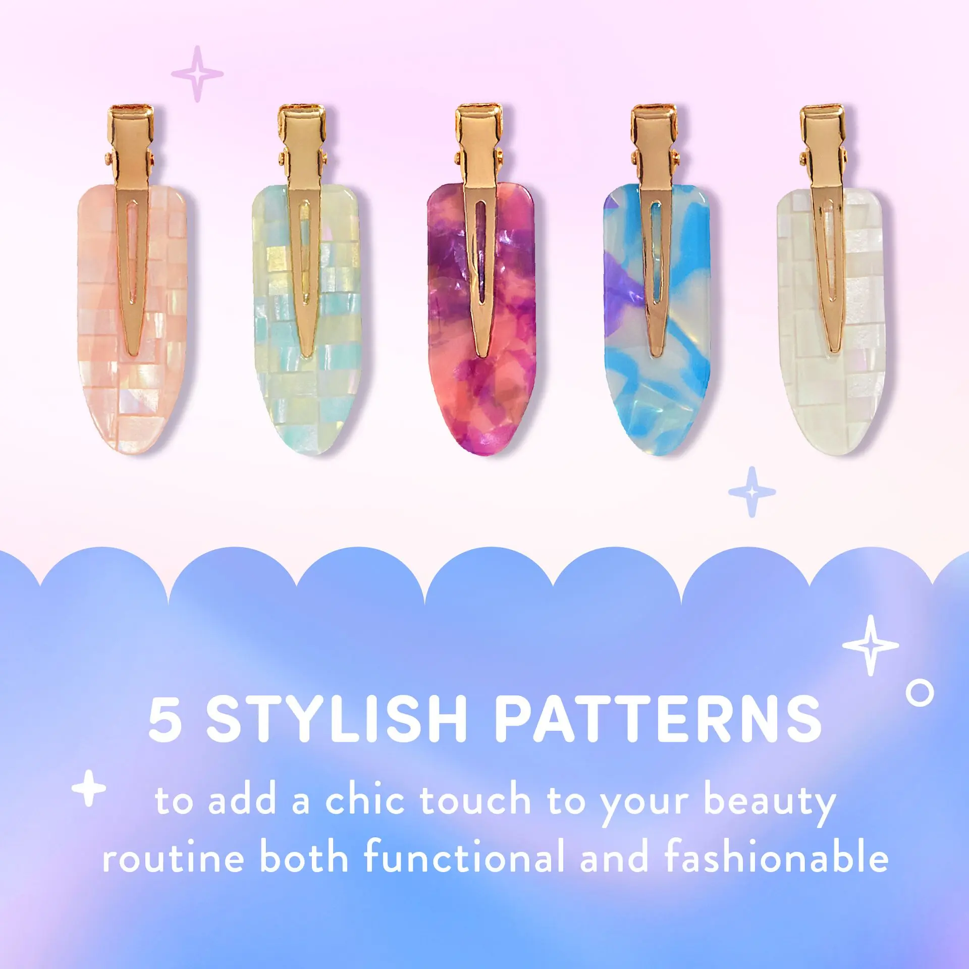 éclat No Crease Hair Clips - Stylish Patterned Flat Makeup Clips with Golden Handle - Image 5