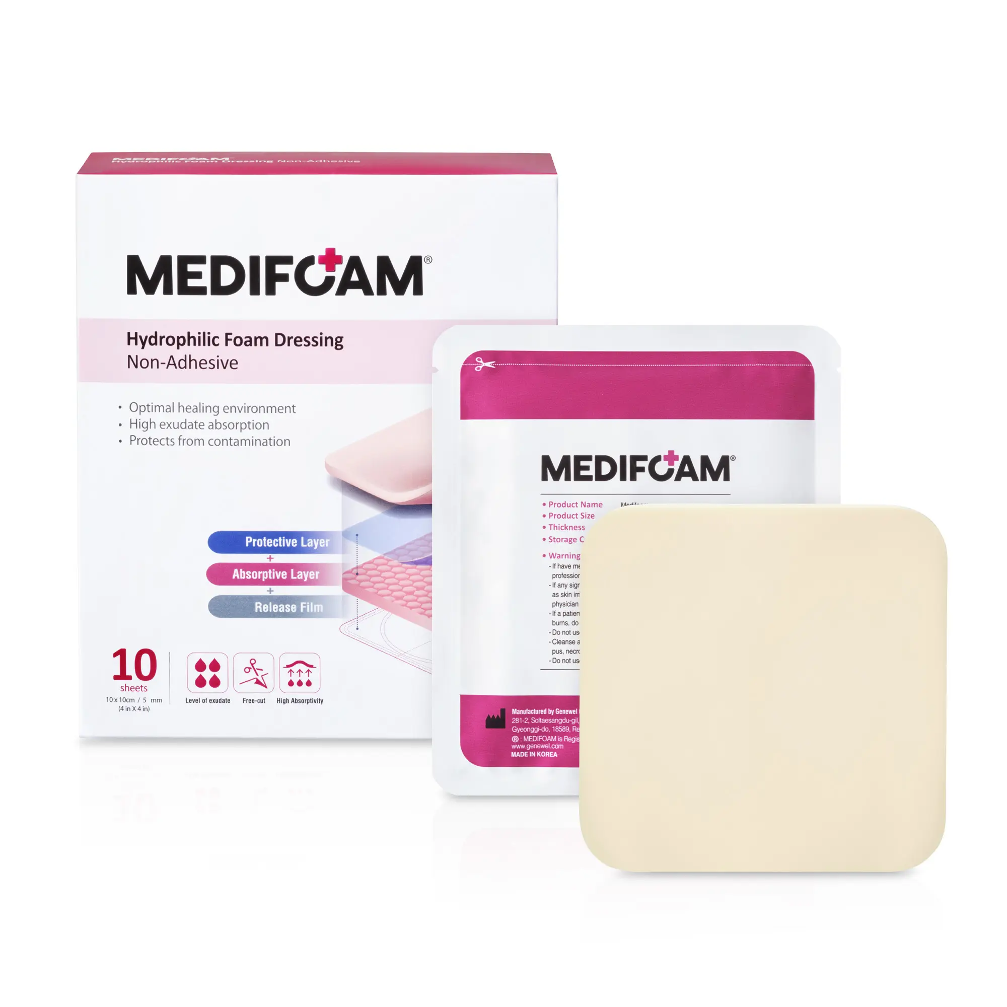 Medifoam Non-Adhesive Hydrocolloid Wound Dressing Pad - 10 Sheets(4" × 4")