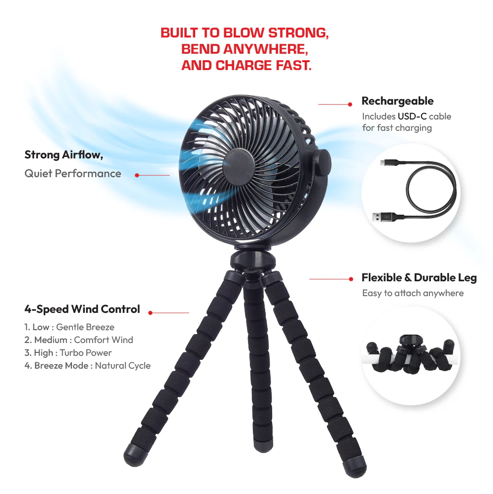 RED by KISS Portable & Adjustable Flexi Tripod Fan with 360° Rotation – USB-C Rechargeable, Quiet Airflow - Image 3