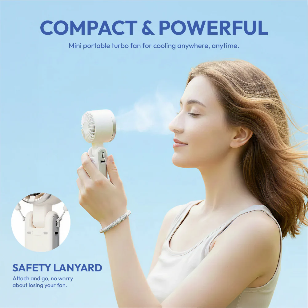 MAVIÉ Portable Handheld Turbo Fan, Rechargeable 3-In-1 Mini Personal Desk & Neck Fan, 5 Speeds & LED Display, Long Battery Life, Foldable Design With Lanyard for Travel, Outdoor, Beach, Makeup - Image 2
