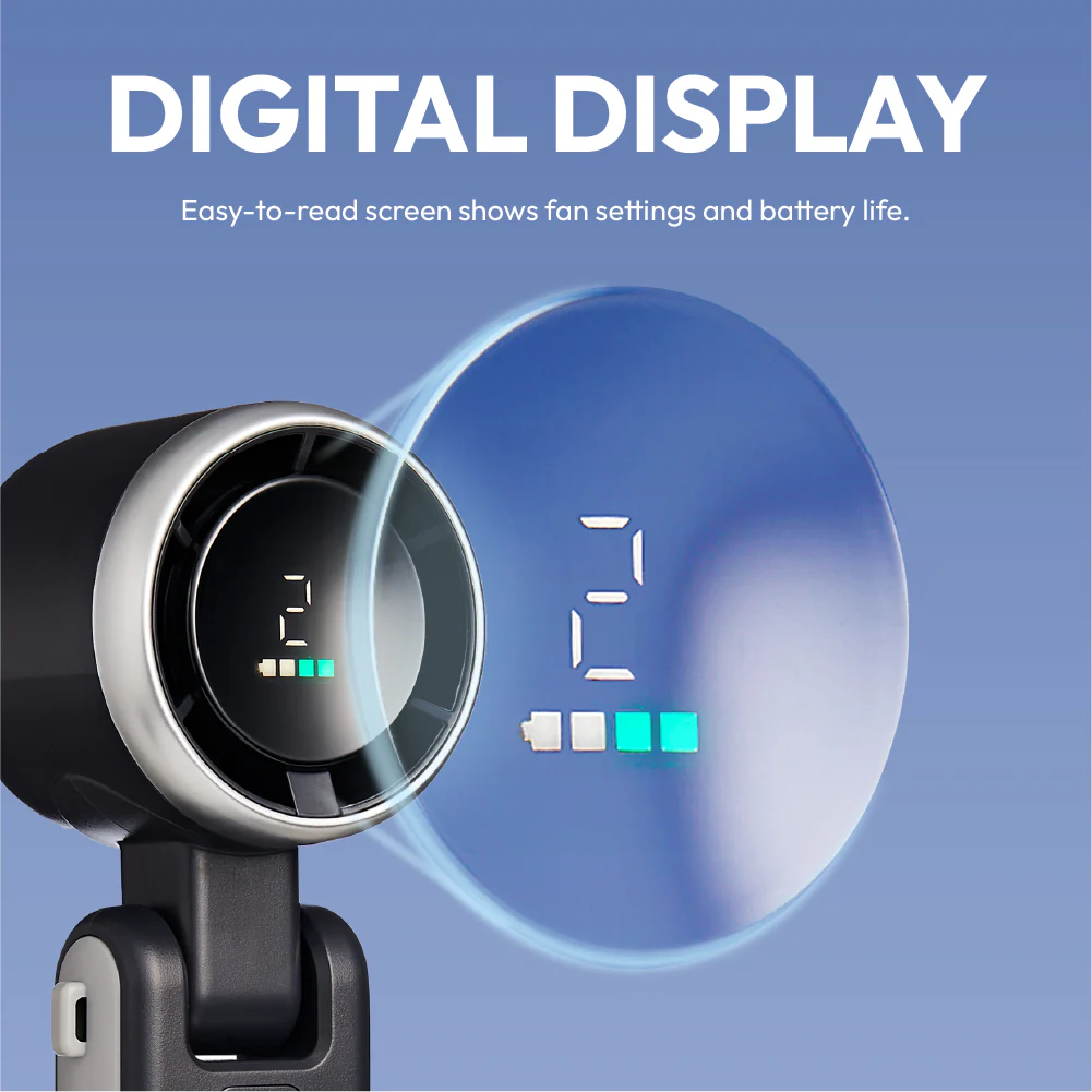 MAVIÉ Portable Handheld Turbo Fan, Rechargeable 3-In-1 Mini Personal Desk & Neck Fan, 5 Speeds & LED Display, Long Battery Life, Foldable Design With Lanyard for Travel, Outdoor, Beach, Makeup - Image 3